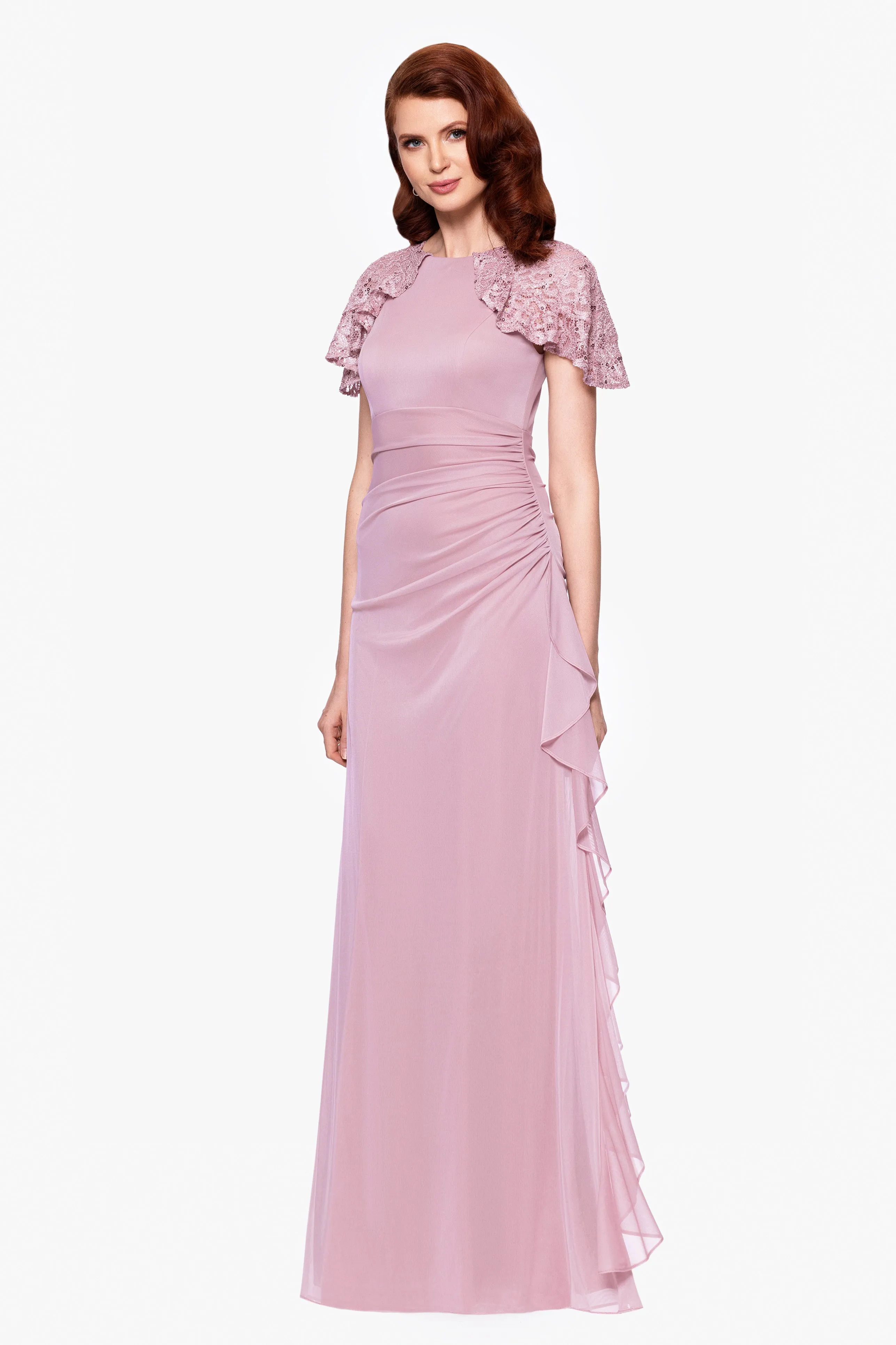 "Alexia" Sheer Matte Jersey With Lace Sleeves Floor Length Dress sold by Betsy & Adam product image thumbnail 4