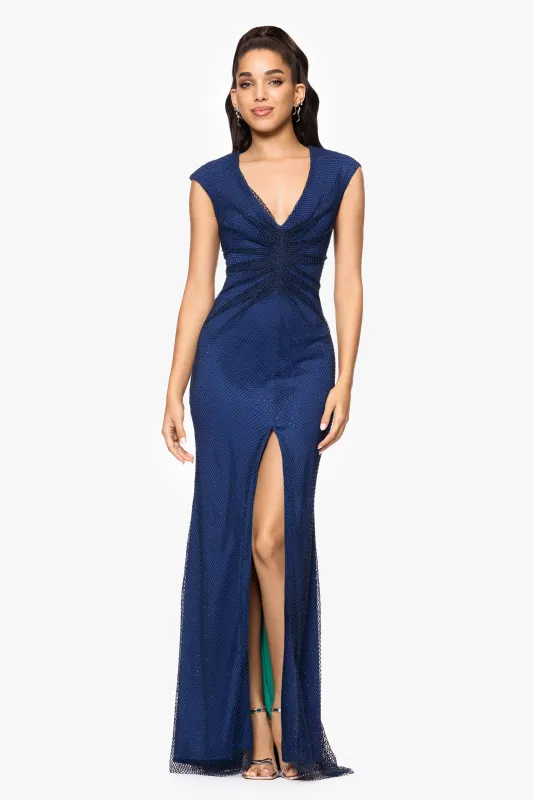 "Laurie" Long Stone-Mesh V-Neck Dress with Contrast Lining sold by Betsy & Adam
