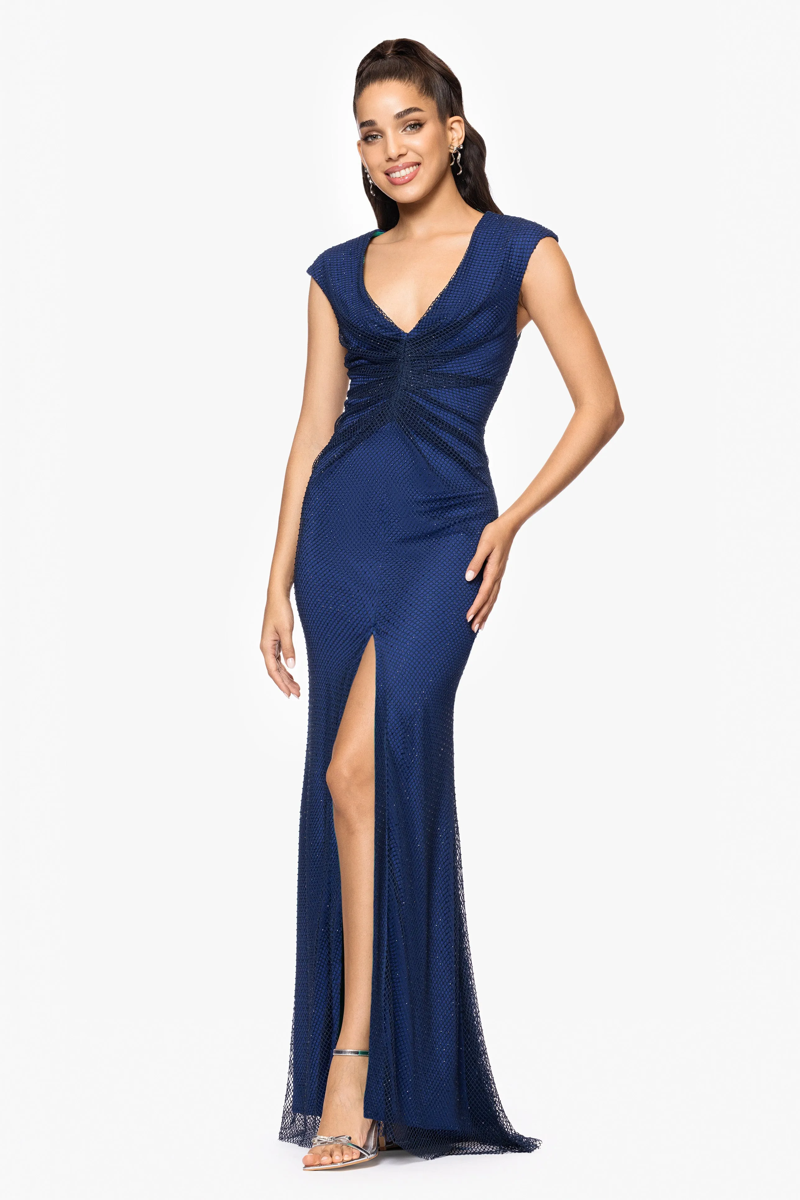 "Laurie" Long Stone-Mesh V-Neck Dress with Contrast Lining sold by Betsy & Adam product image thumbnail 4