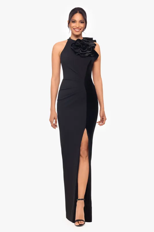 "Maddison" Long Ruffle Halter Neck Scuba Crepe and Velvet Stripe Dress sold by Betsy & Adam