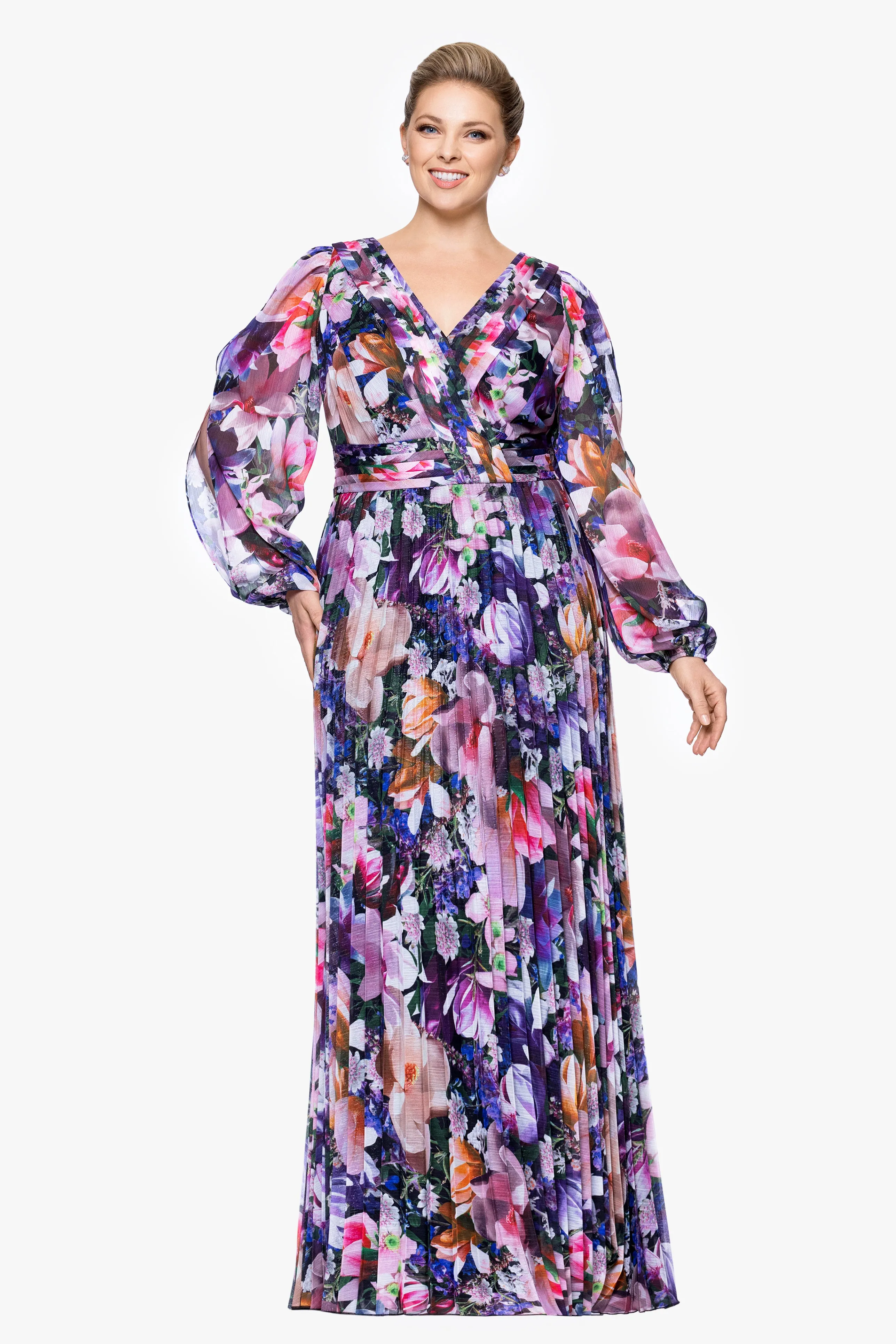 Plus "Sammy" Chiffon Long Sleeve Floor Length Dress sold by Betsy & Adam
