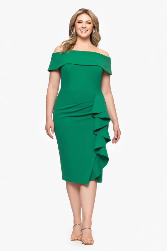 Plus "Kourtney" Scuba Crepe Off the Shoulder Ruffle Midi Dress sold by Betsy & Adam