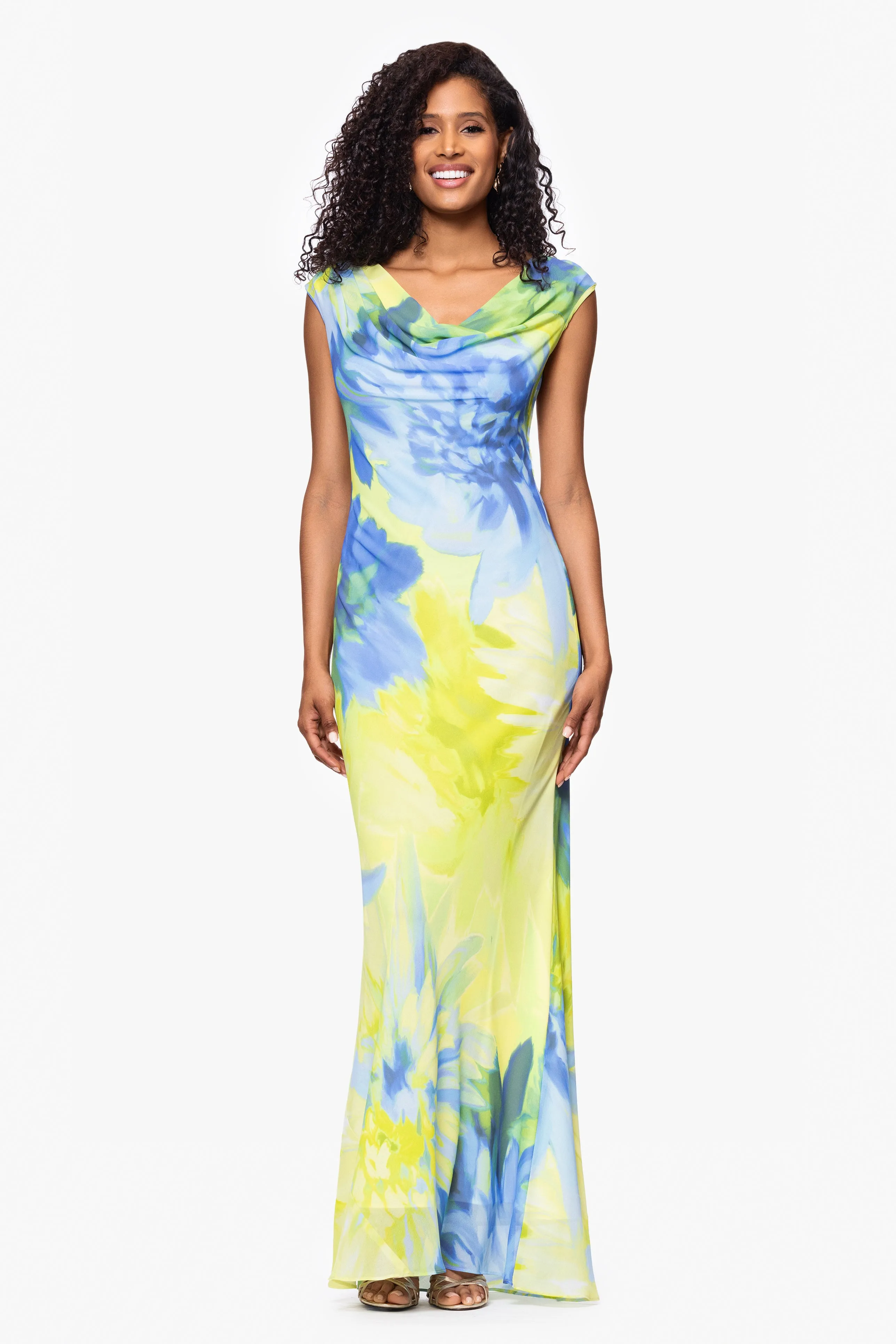 "Isabel" Print Chiffon Cowl Neck Floor Length Dress sold by Betsy & Adam