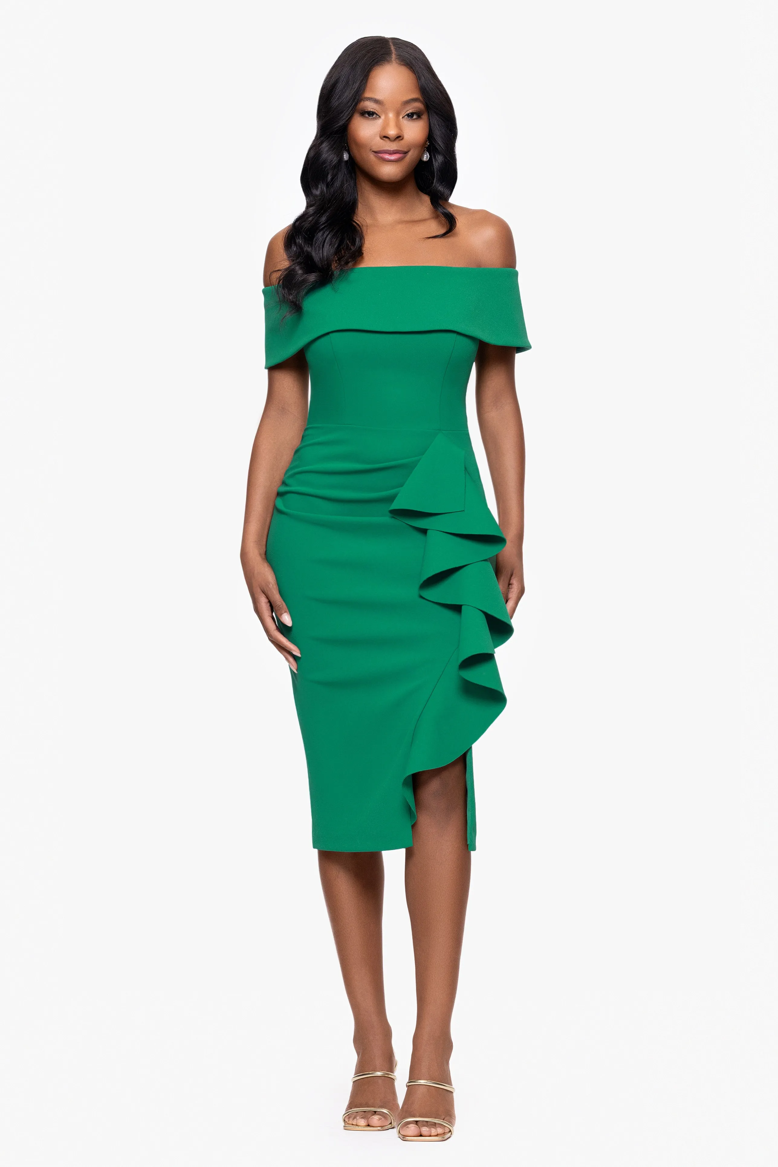 Petite "Kourtney" Scuba Crepe Off the Shoulder Ruffle Midi Dress sold by Betsy & Adam