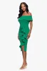 Petite "Kourtney" Scuba Crepe Off the Shoulder Ruffle Midi Dress sold by Betsy & Adam