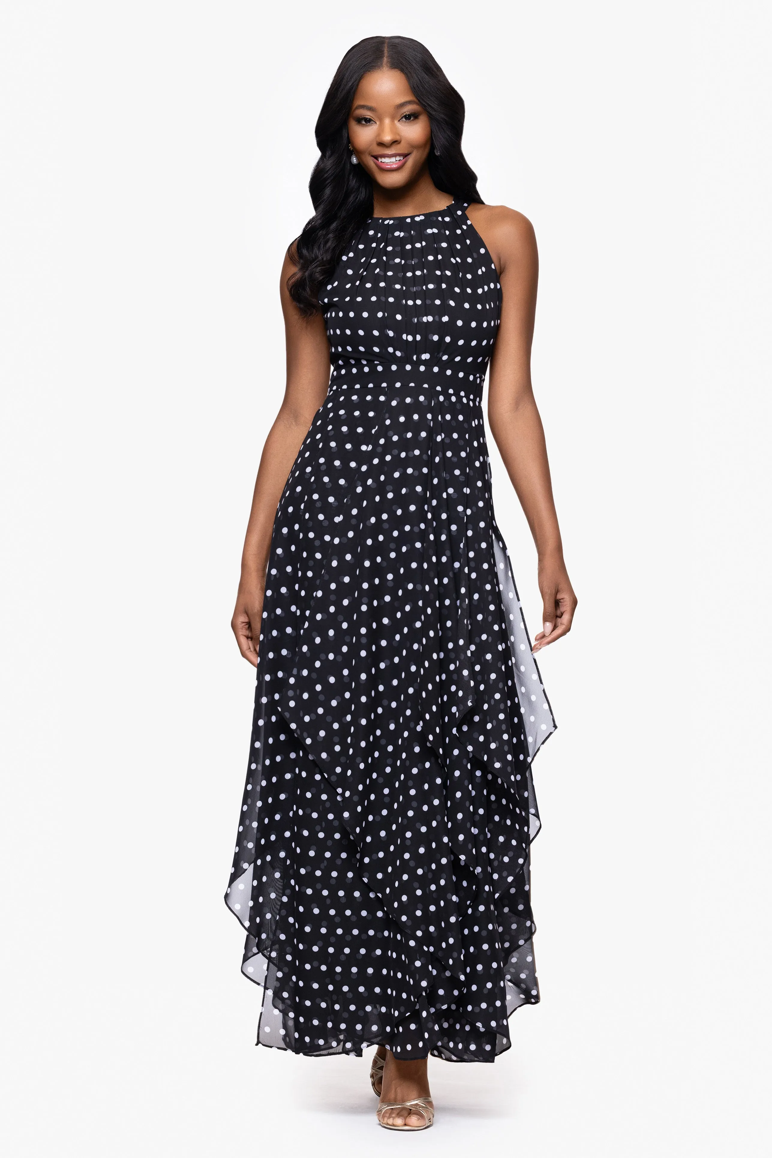 "Delphine" Chiffon Polka Dot Handkerchief Floor Length Dress sold by Betsy & Adam
