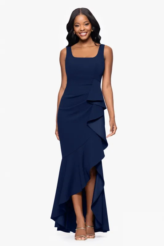 "Lilly" Scuba Crepe Square Neck Ruffle Floor Length Dress sold by Betsy & Adam