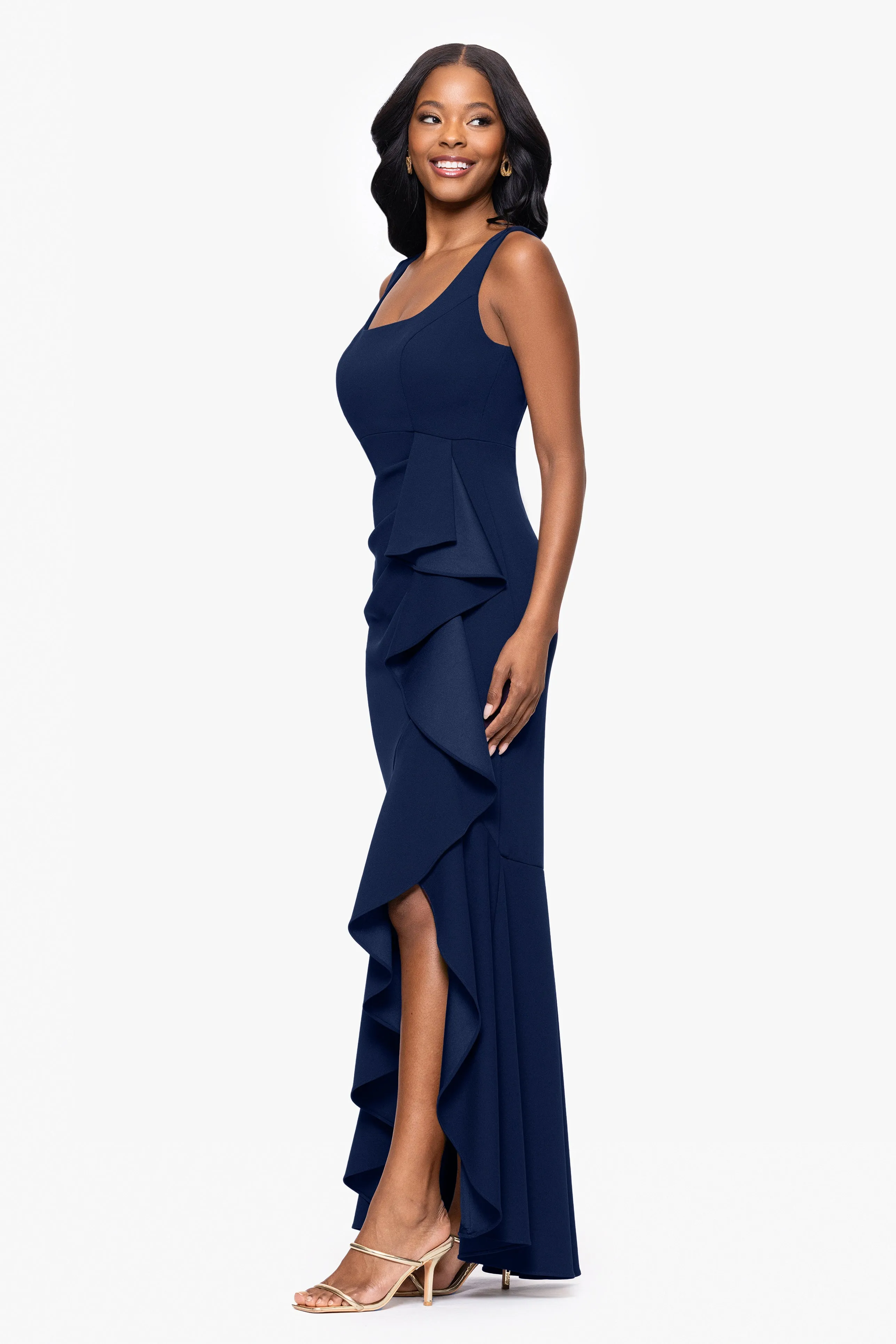 "Lilly" Scuba Crepe Square Neck Ruffle Floor Length Dress sold by Betsy & Adam product image thumbnail 4