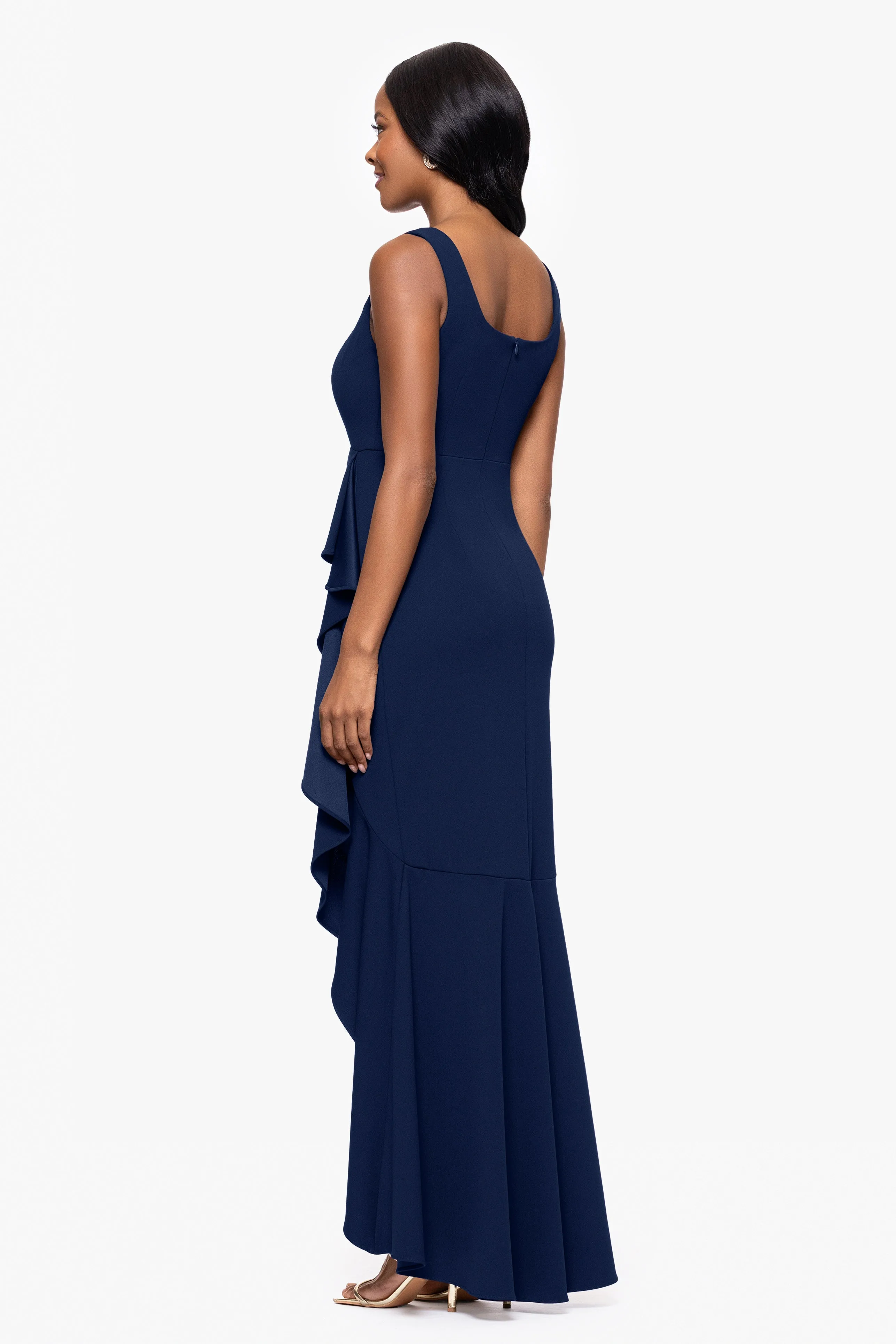 "Lilly" Scuba Crepe Square Neck Ruffle Floor Length Dress sold by Betsy & Adam product image thumbnail 3