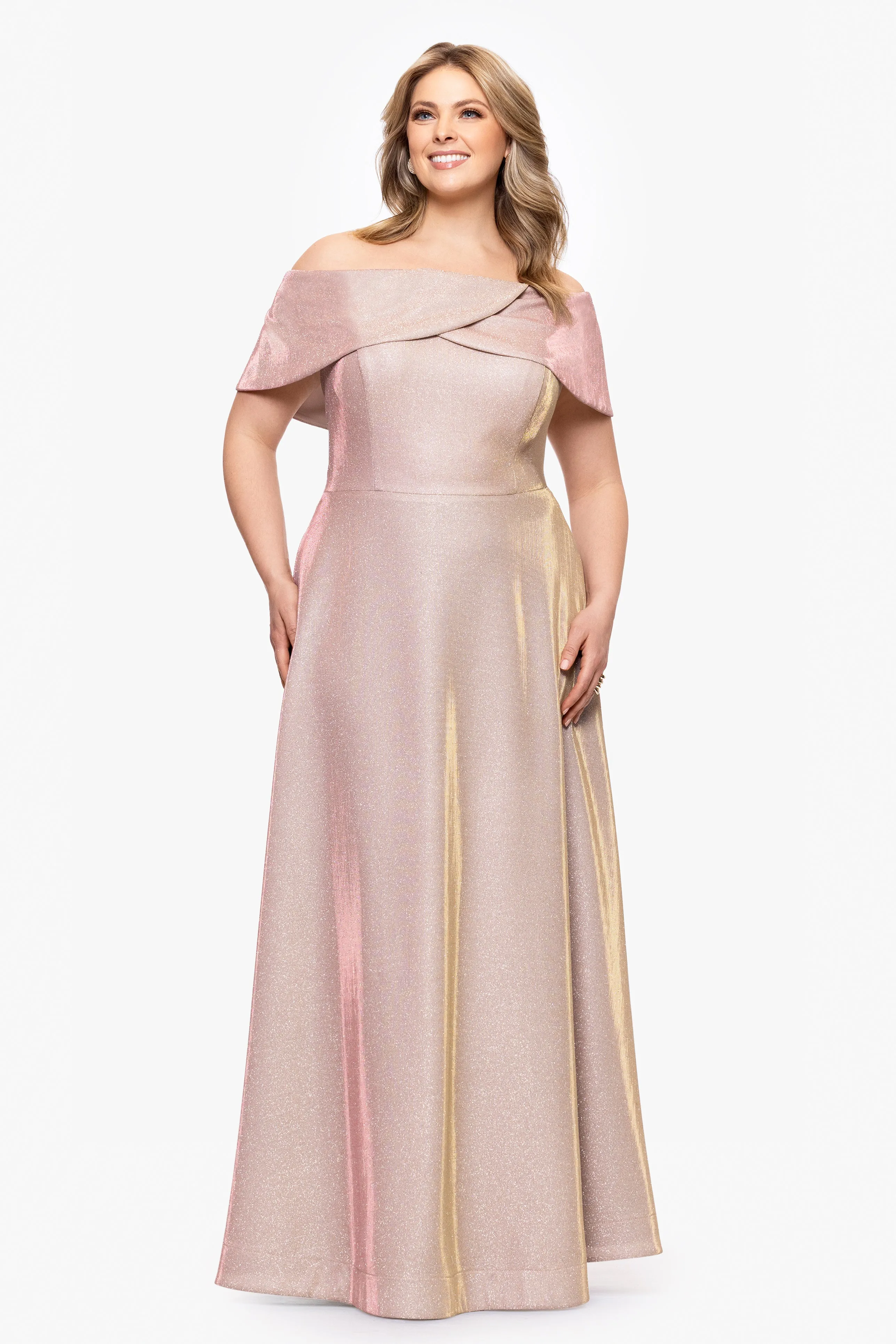 Plus "Kendra" Galaxy Glitter Off the Shoulder Floor Length Gown sold by Betsy & Adam product image thumbnail 5