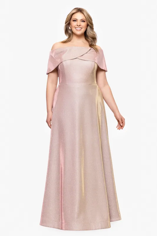 Plus "Kendra" Galaxy Glitter Off the Shoulder Floor Length Gown sold by Betsy & Adam