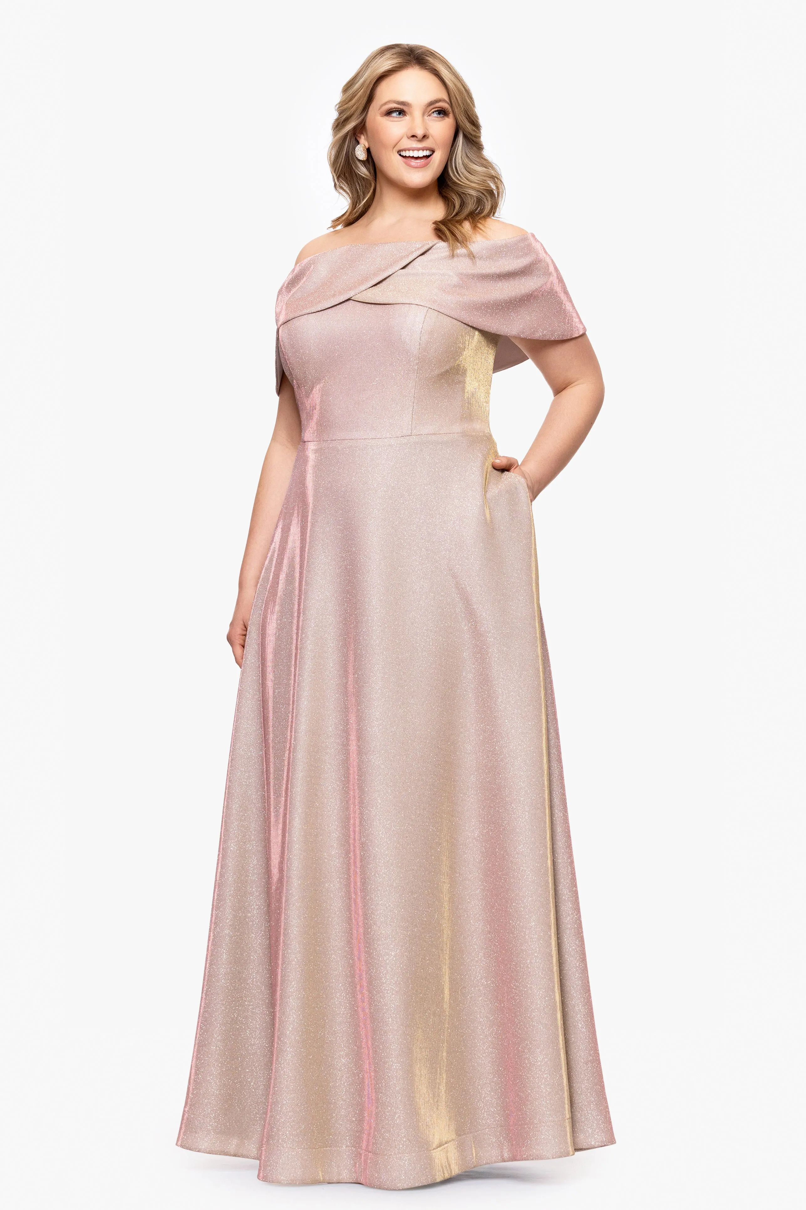 Plus "Kendra" Galaxy Glitter Off the Shoulder Floor Length Gown sold by Betsy & Adam product image thumbnail 4