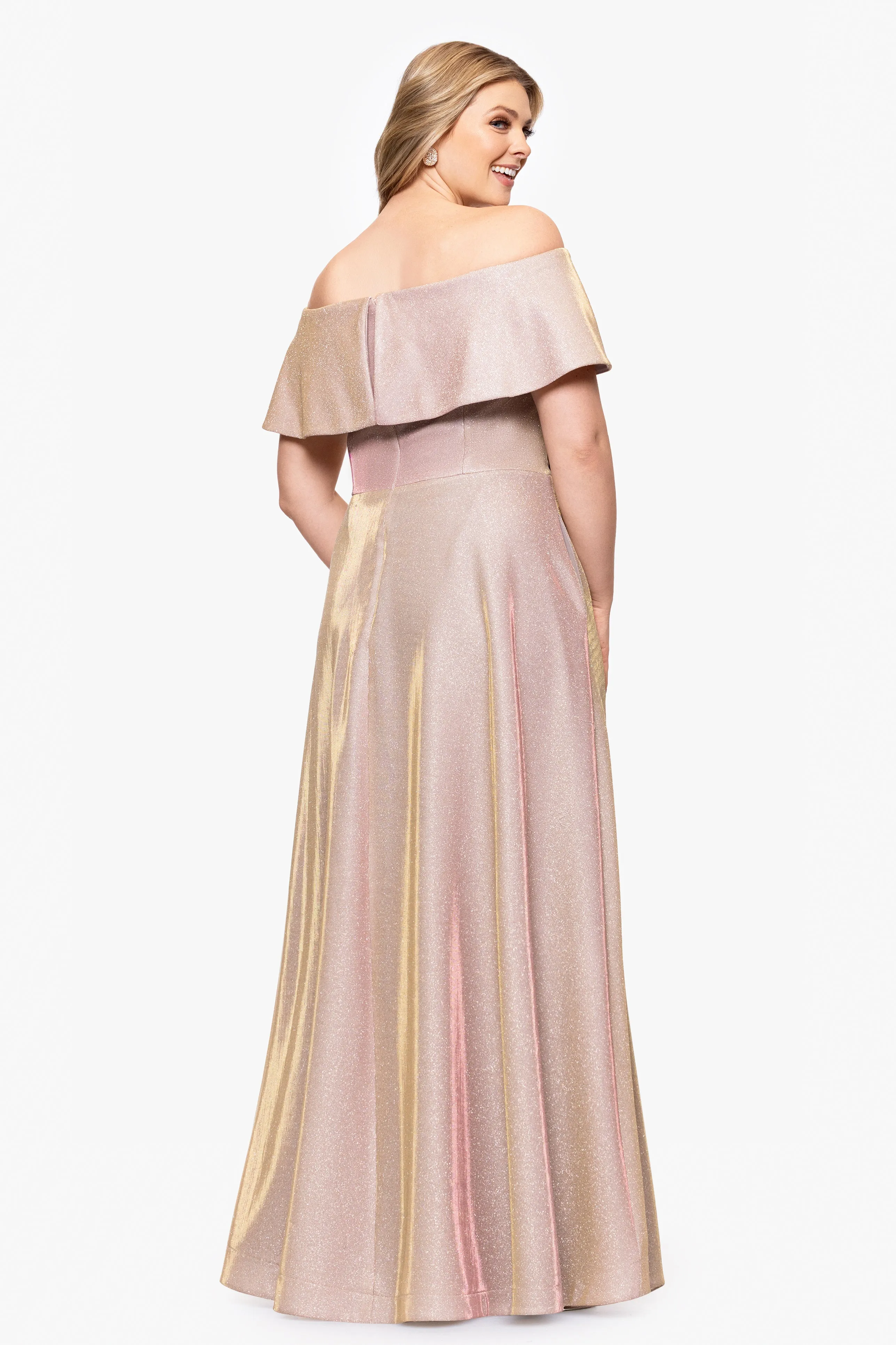 Plus "Kendra" Galaxy Glitter Off the Shoulder Floor Length Gown sold by Betsy & Adam product image thumbnail 3