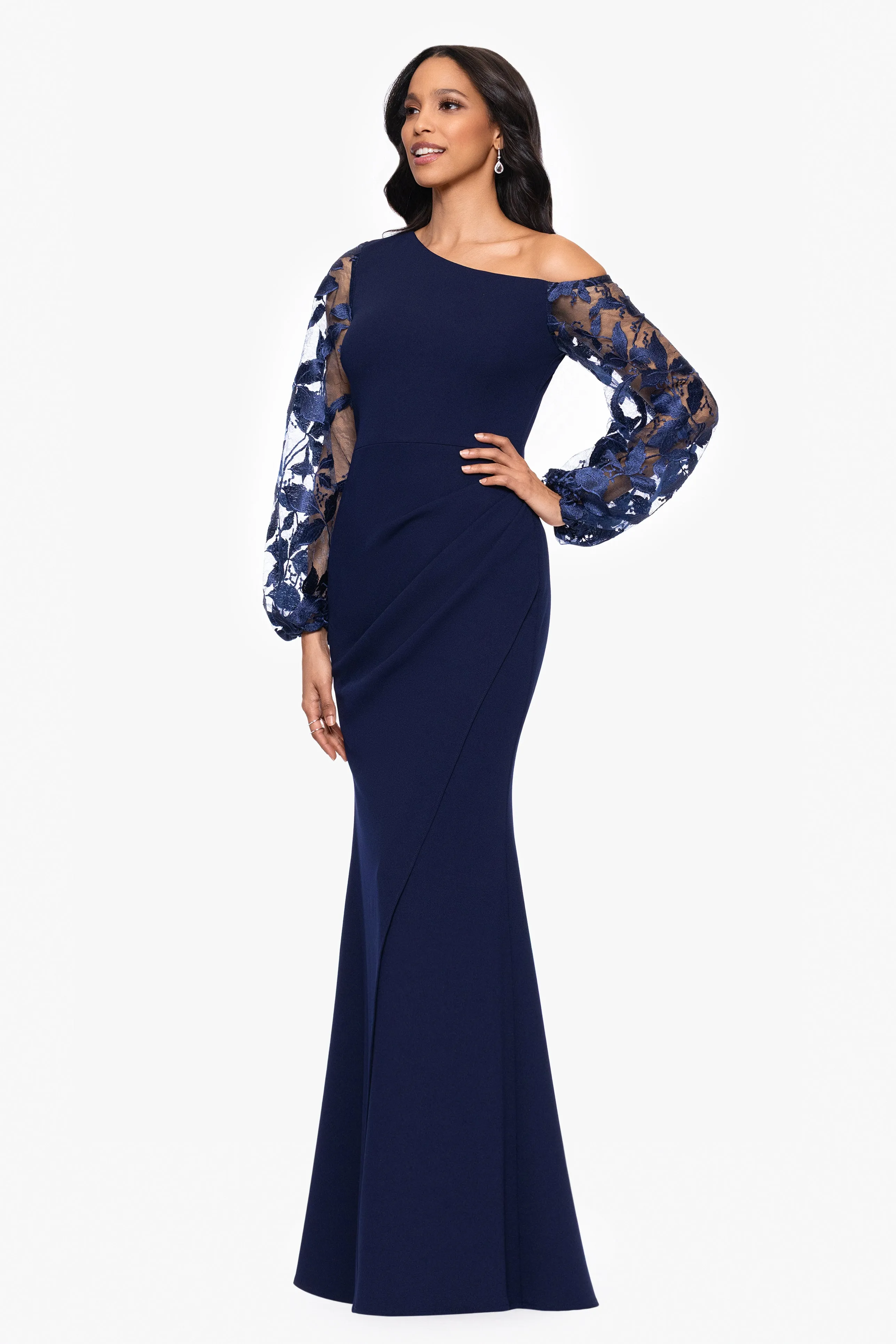 "Reagan" Scuba Crepe Embroidered Long Sleeve Off Shoulder Floor Length Dress sold by Betsy & Adam product image thumbnail 4