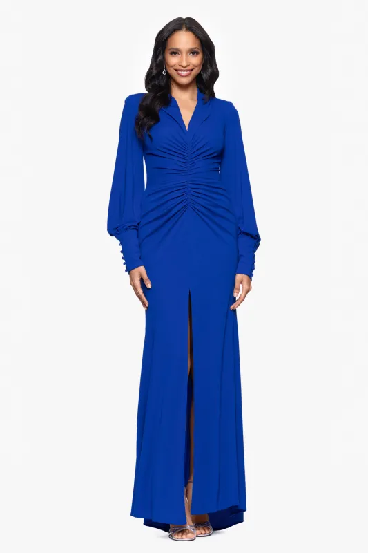 Petite "Julia" Matte Jersey Rouched Long Sleeve Floor Length Dress sold by Betsy & Adam