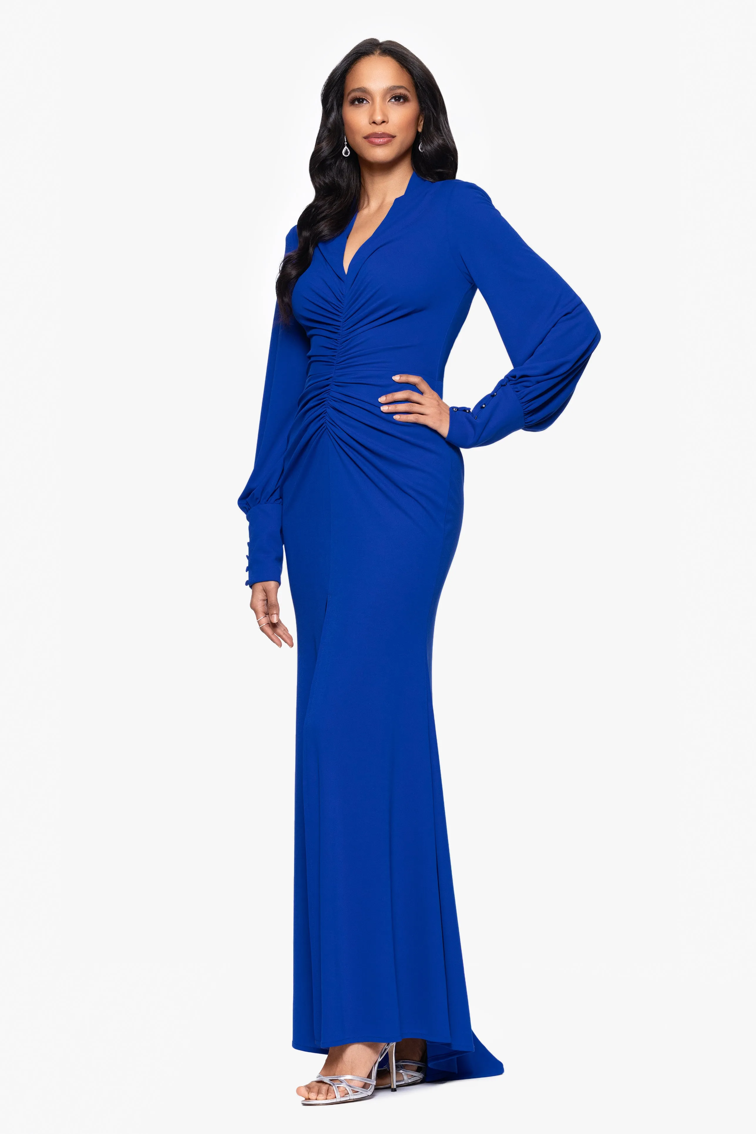 Petite "Julia" Matte Jersey Rouched Long Sleeve Floor Length Dress sold by Betsy & Adam product image thumbnail 4