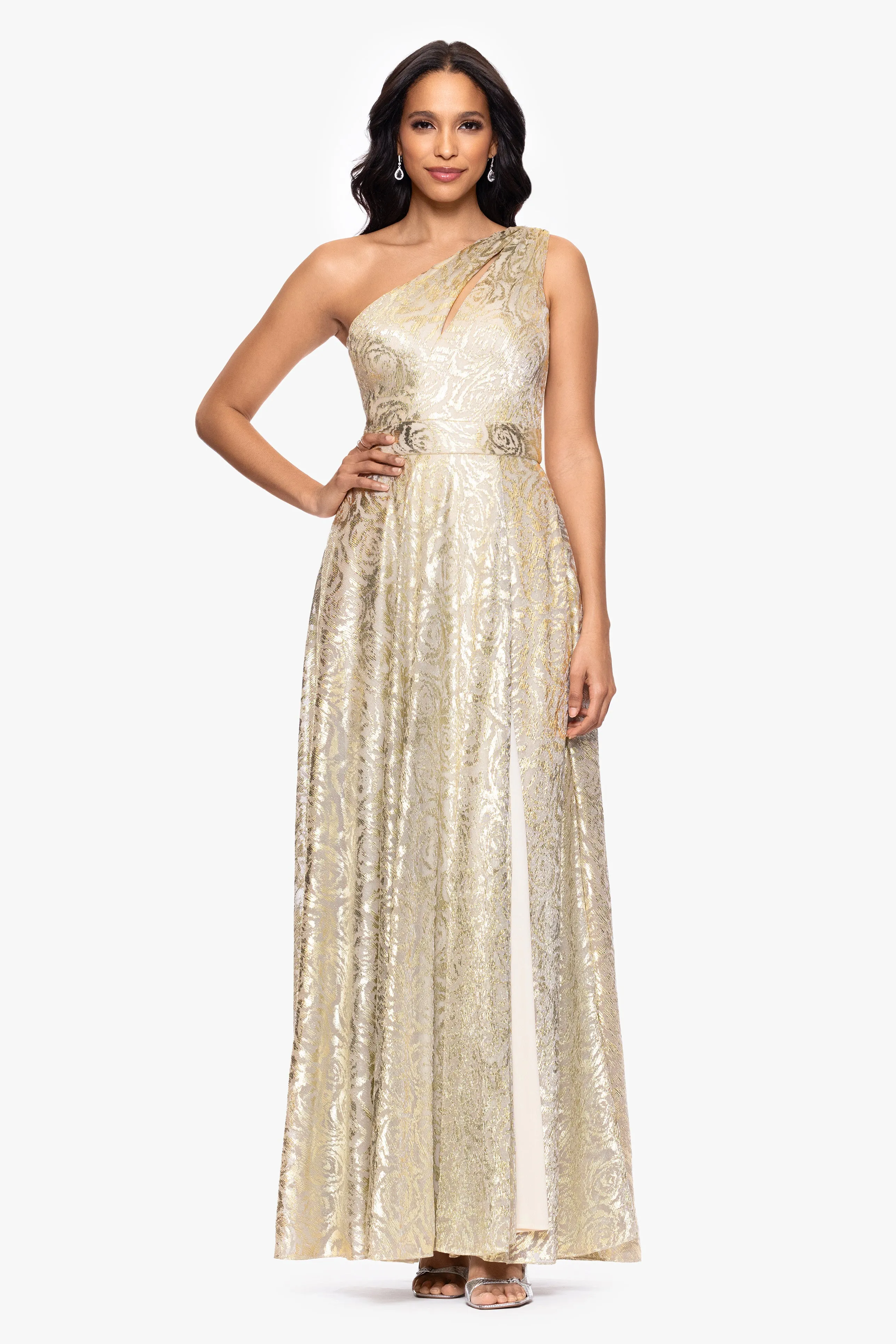 Petite "Mariah" Metallic Foil Knit One Shoulder Floor Length Dress sold by Betsy & Adam