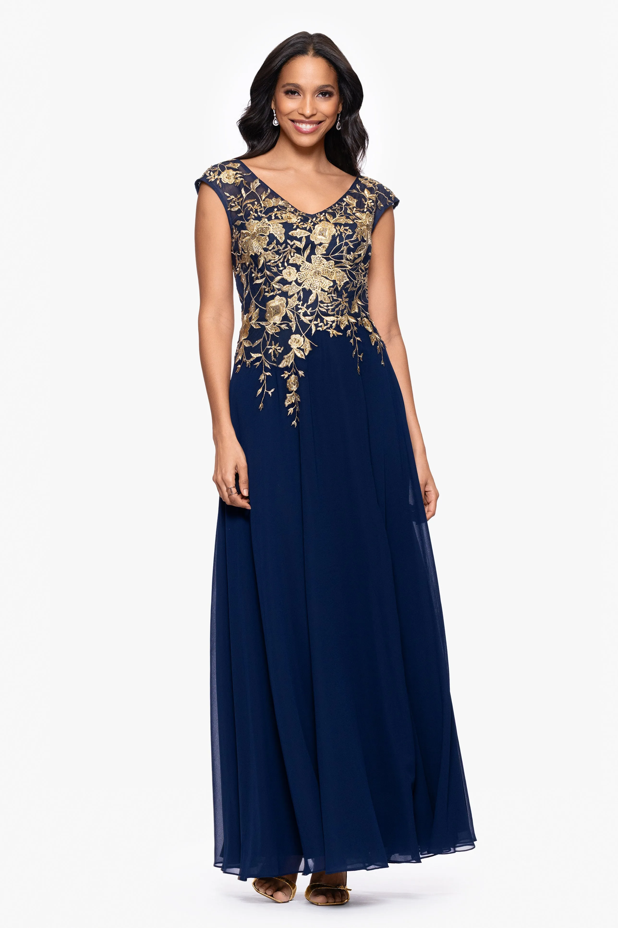 "Maeve" Chiffon Embroidered Bodice Floor Length Dress sold by Betsy & Adam