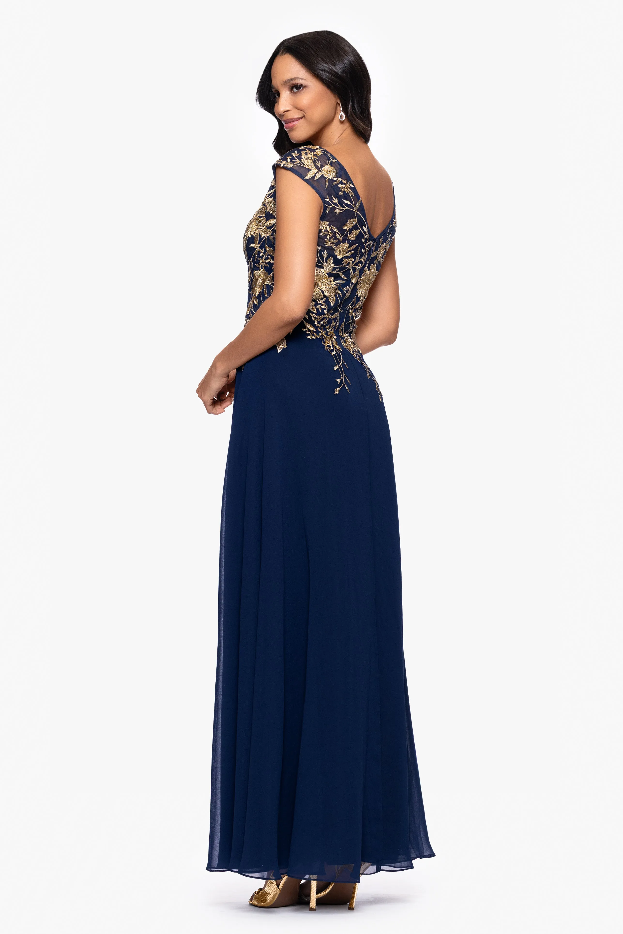 "Maeve" Chiffon Embroidered Bodice Floor Length Dress sold by Betsy & Adam product image thumbnail 3