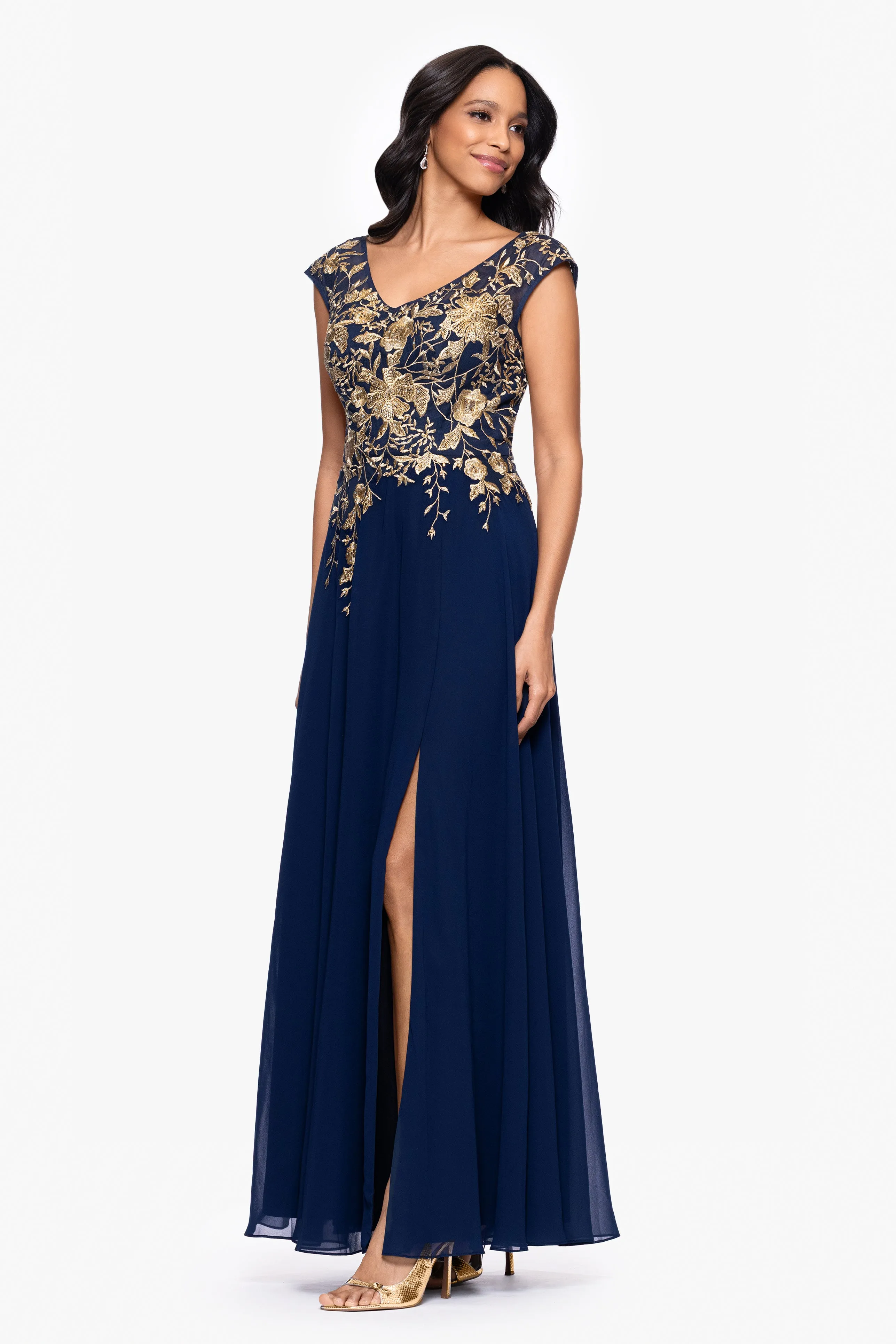 "Maeve" Chiffon Embroidered Bodice Floor Length Dress sold by Betsy & Adam product image thumbnail 5