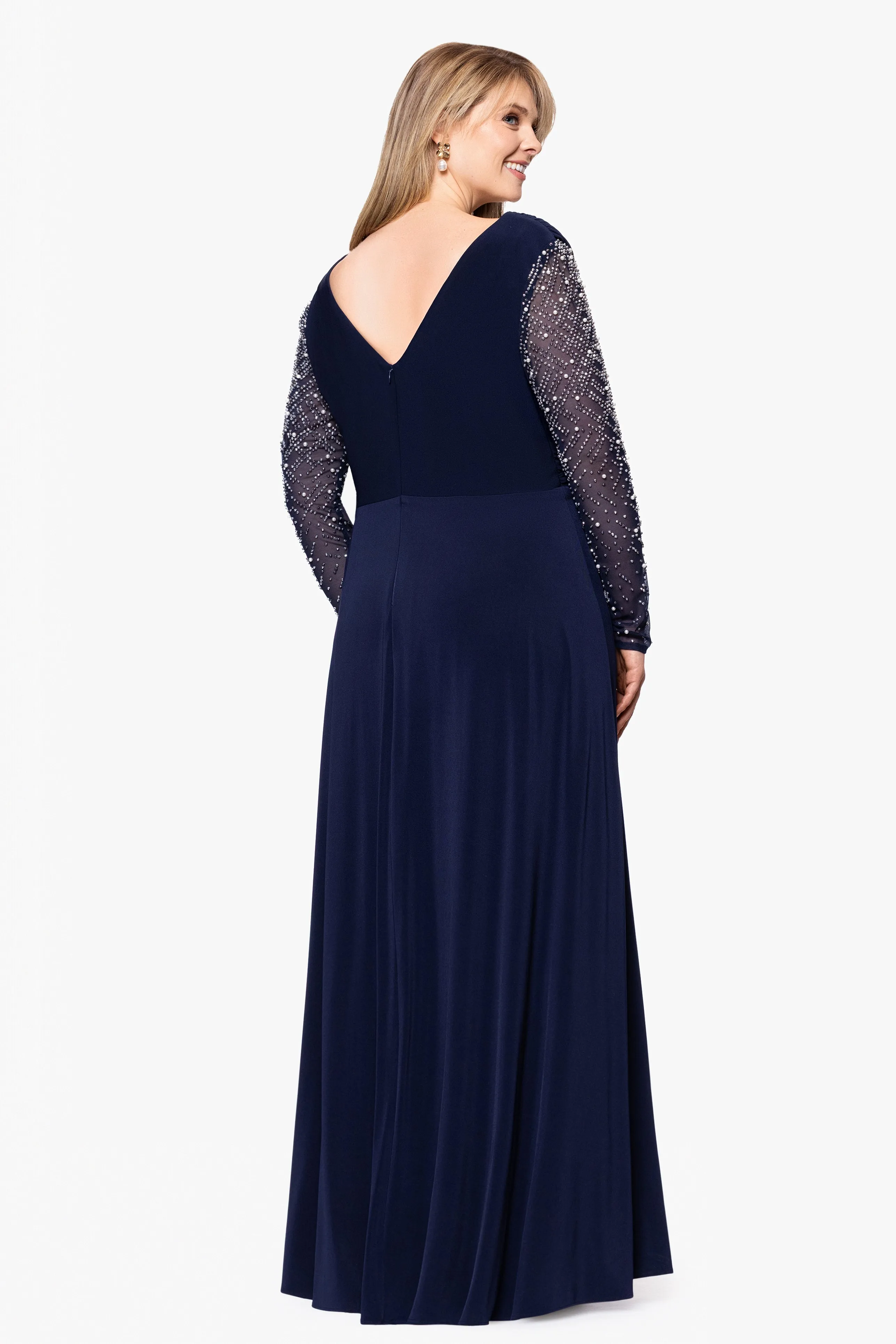 Plus "Sharleen" Jersey Knit Beaded Long Sleeve Floor Length Dress sold by Betsy & Adam product image thumbnail 3