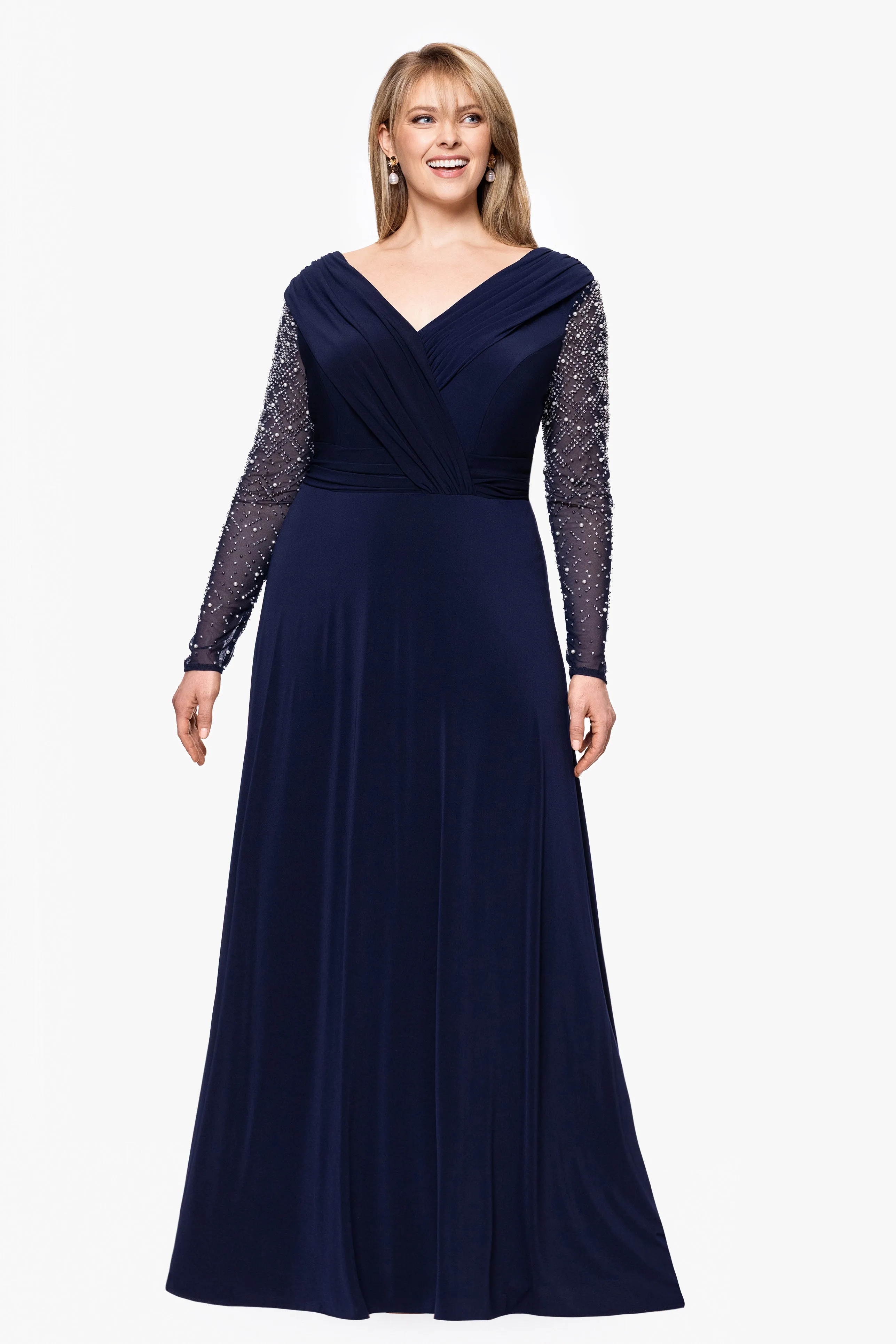 Plus "Sharleen" Jersey Knit Beaded Long Sleeve Floor Length Dress sold by Betsy & Adam