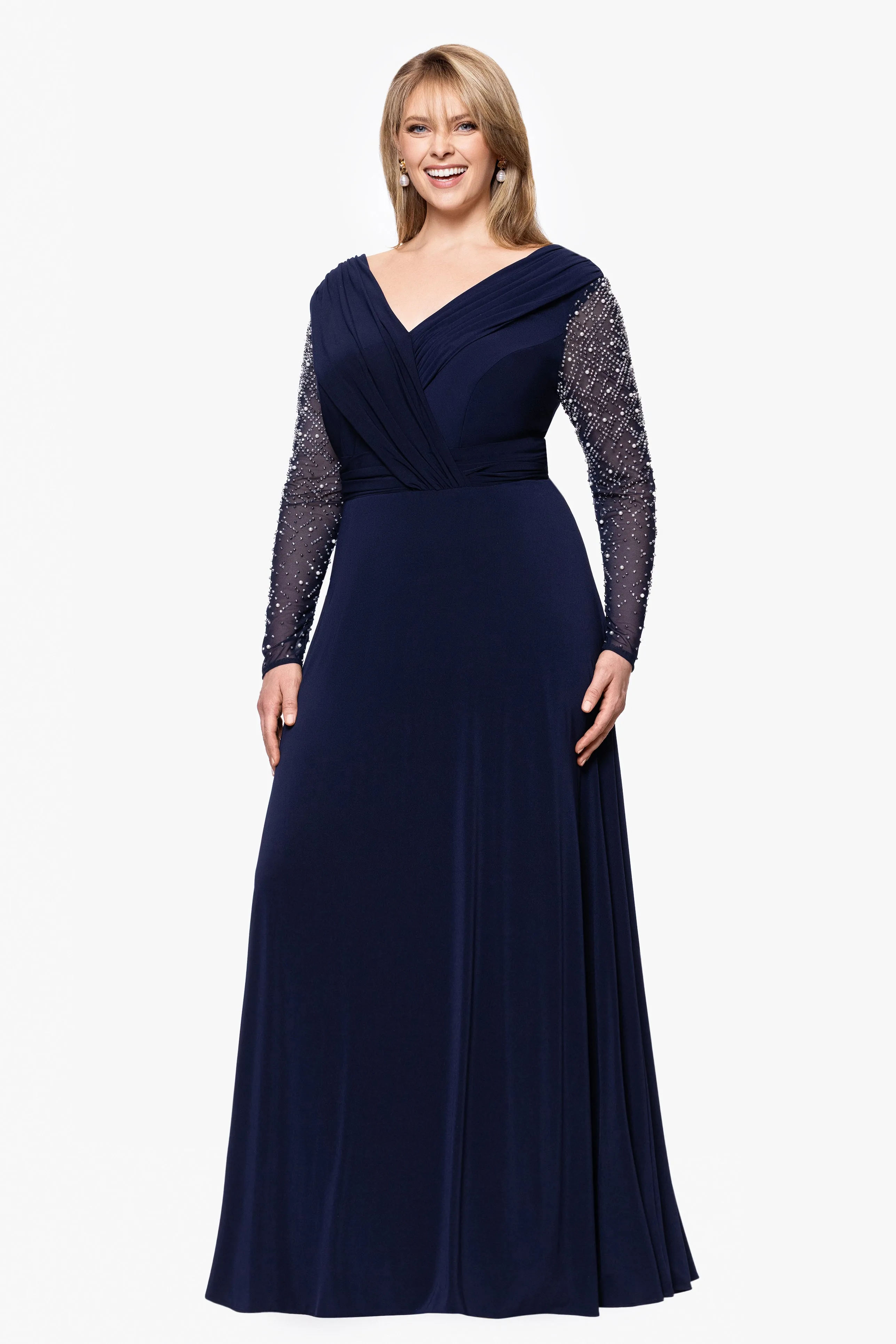 Plus "Sharleen" Jersey Knit Beaded Long Sleeve Floor Length Dress sold by Betsy & Adam product image thumbnail 4