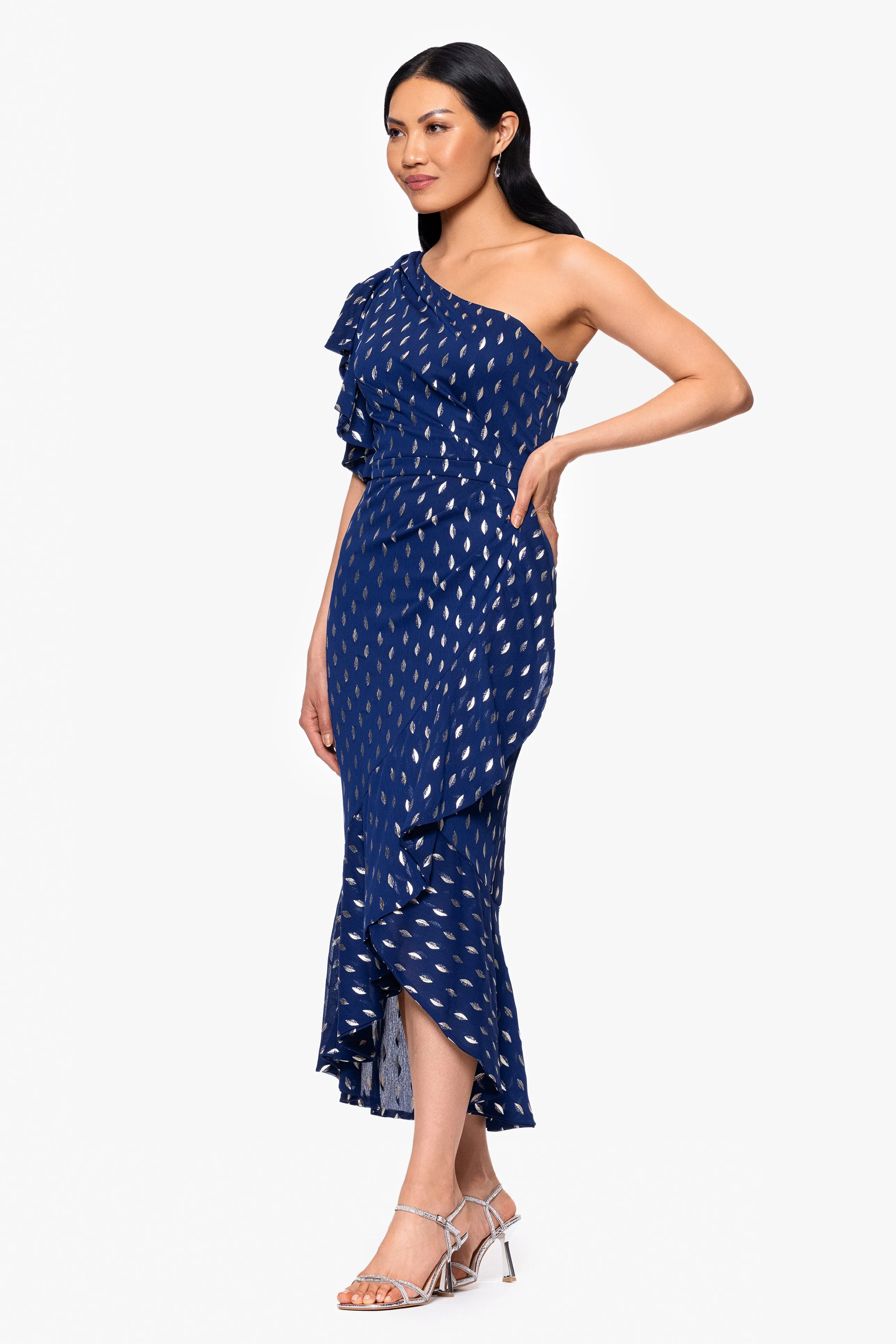 "Nyla" Chiffon One Shoulder Ruffle Midi Dress sold by Betsy & Adam product image thumbnail 4
