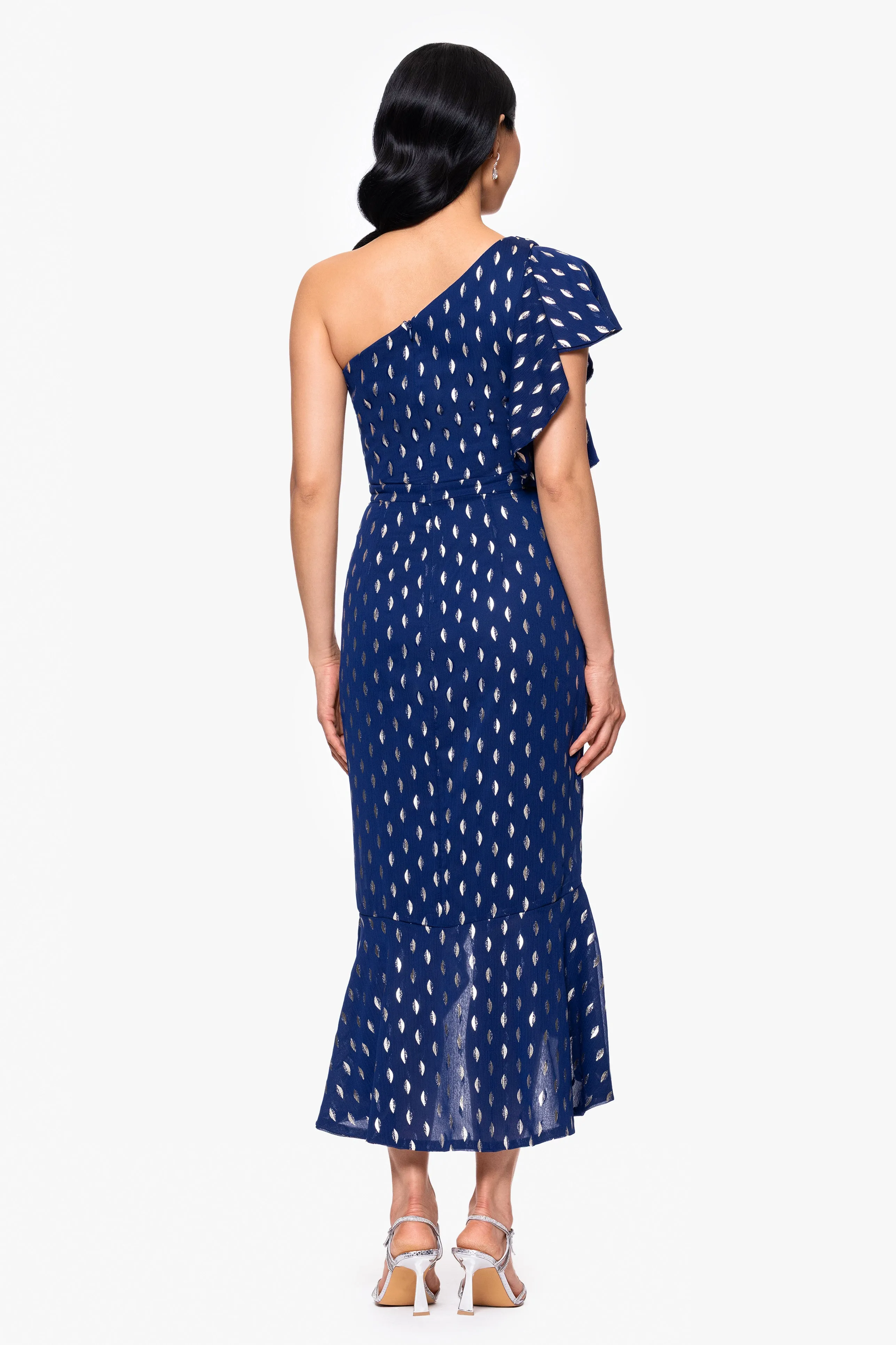 "Nyla" Chiffon One Shoulder Ruffle Midi Dress sold by Betsy & Adam product image thumbnail 3