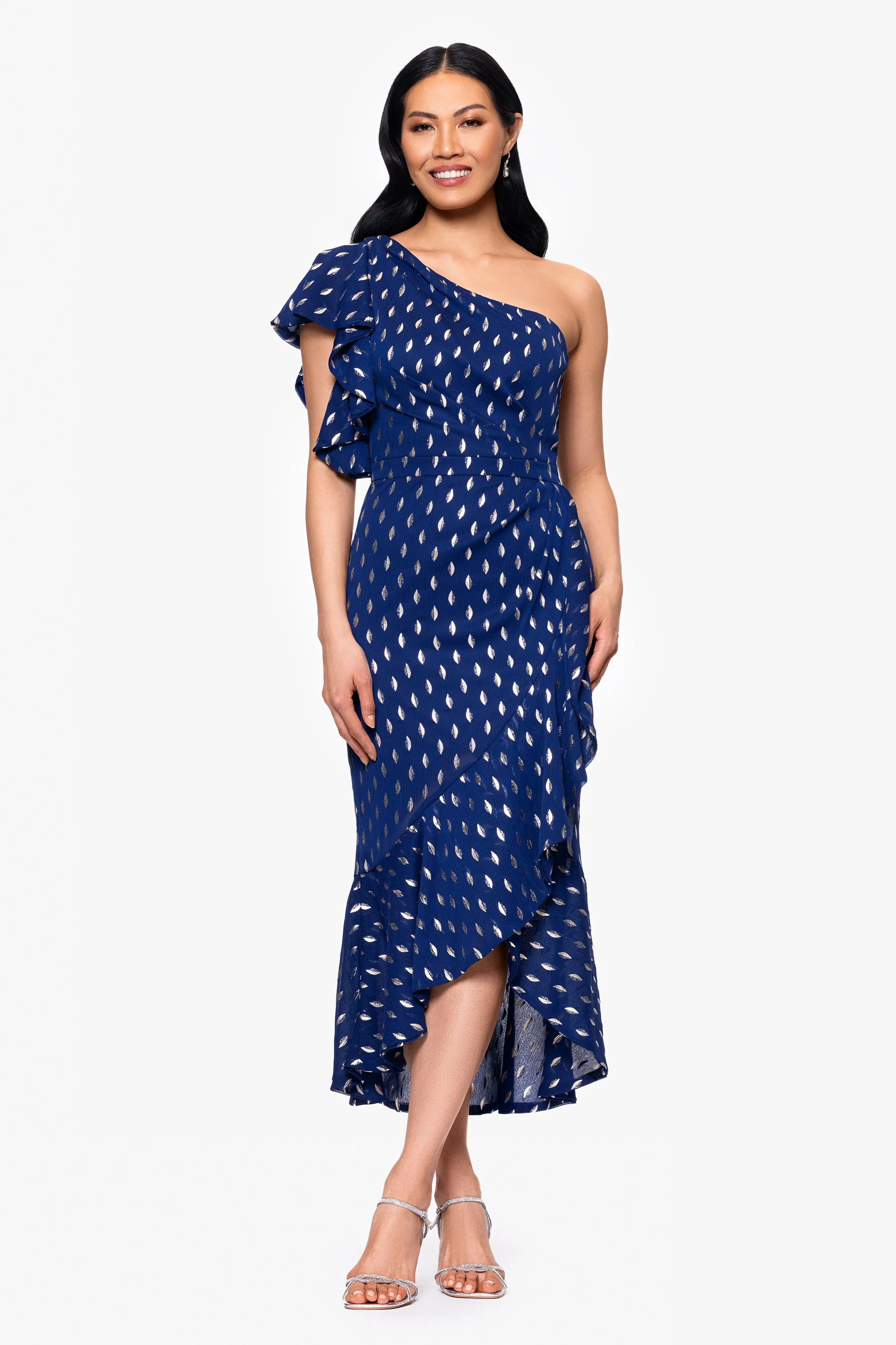 "Nyla" Chiffon One Shoulder Ruffle Midi Dress sold by Betsy & Adam