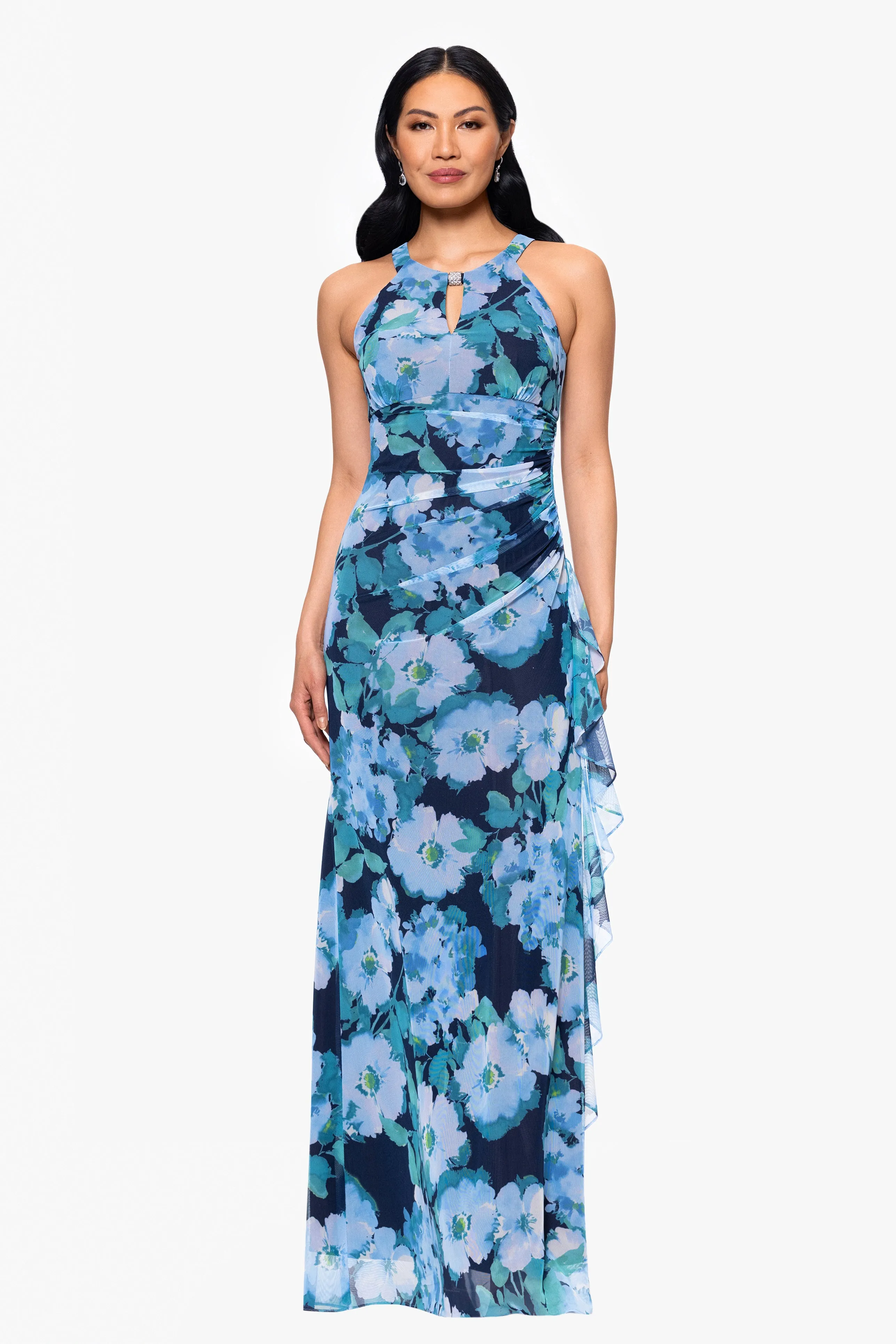 "Agatha" Floral Print Mesh Ruffle Floor Length Dress sold by Betsy & Adam