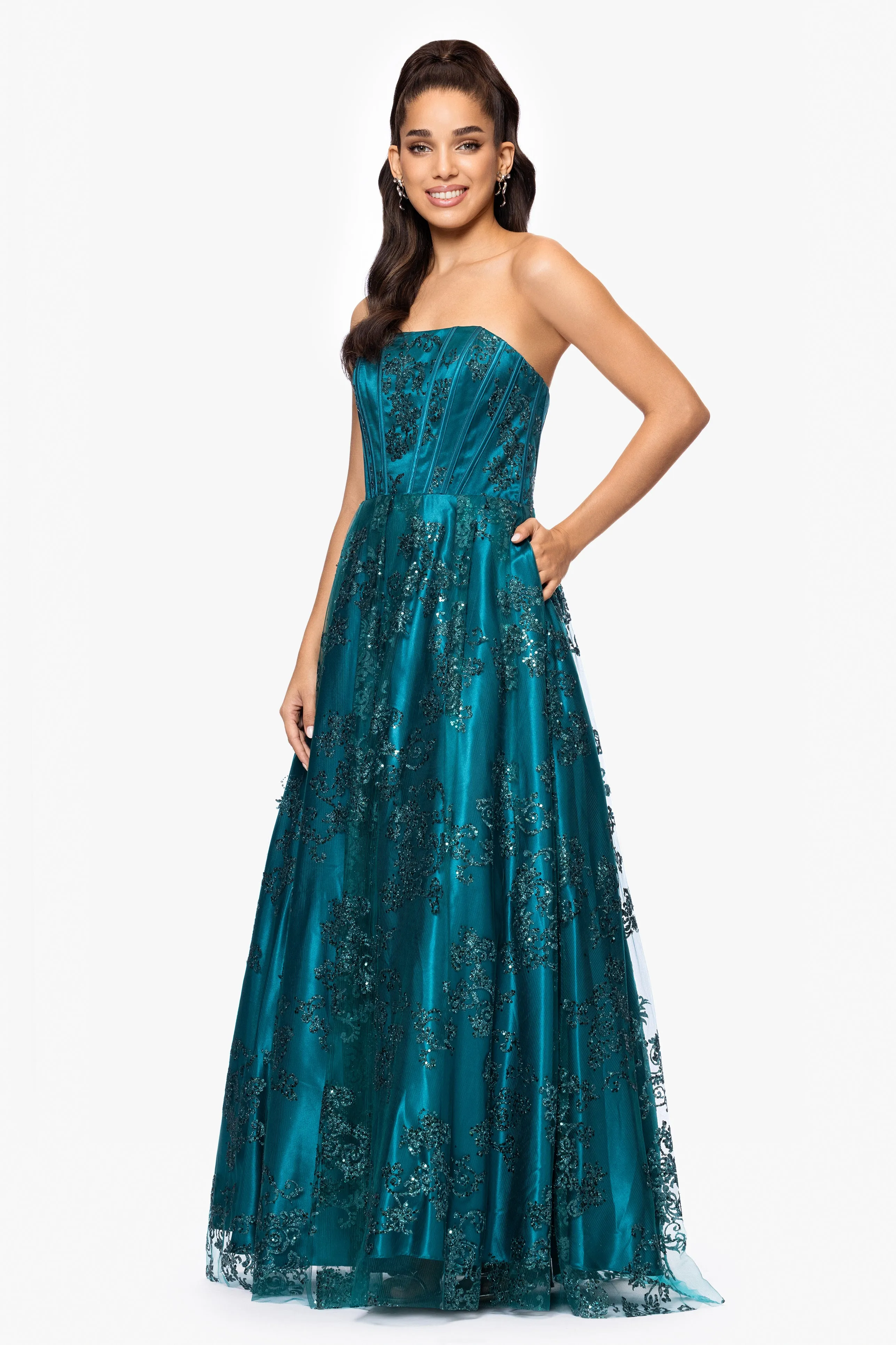 Blondie Nites "Tori" Strapless Glitter Mesh Corset Gown sold by Betsy & Adam product image thumbnail 4