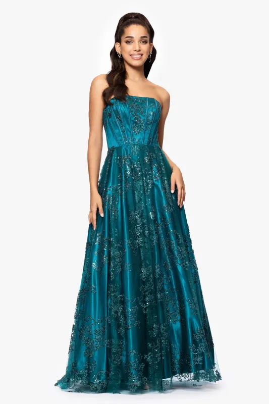 Blondie Nites "Tori" Strapless Glitter Mesh Corset Gown sold by Betsy & Adam