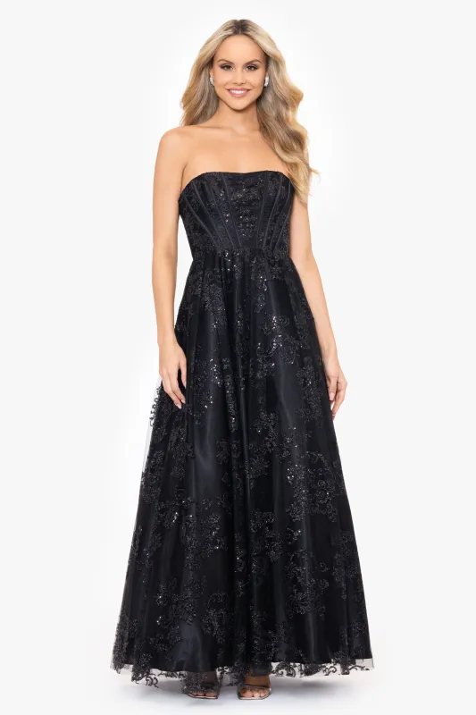 Blondie Nites "Tori" Strapless Glitter Mesh Corset Gown sold by Betsy & Adam