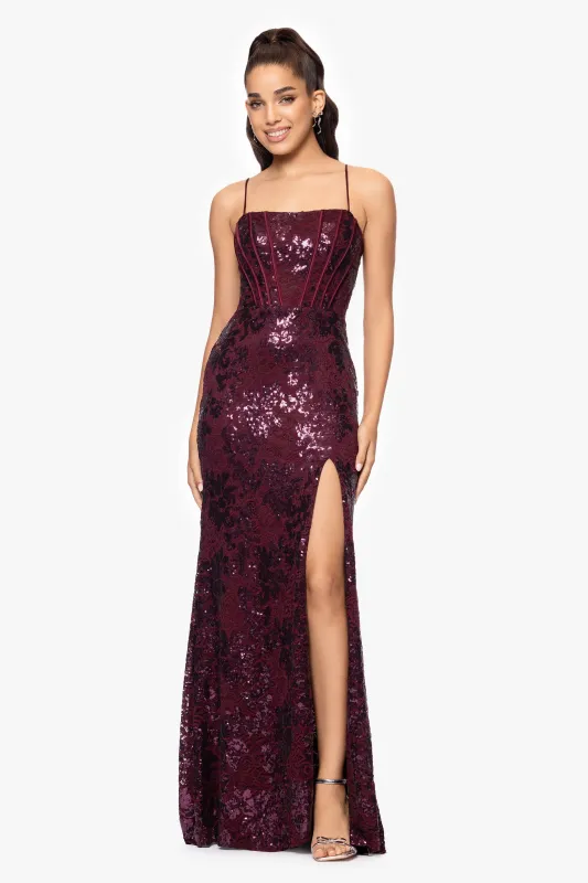 Blondie Nites "Annie" Long Sequin Lace Corset Dress sold by Betsy & Adam