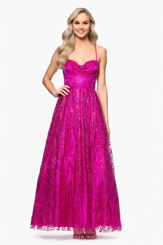 Blondie Nites "Stella" Glitter Pinch Tie Back Ballgown sold by Betsy & Adam