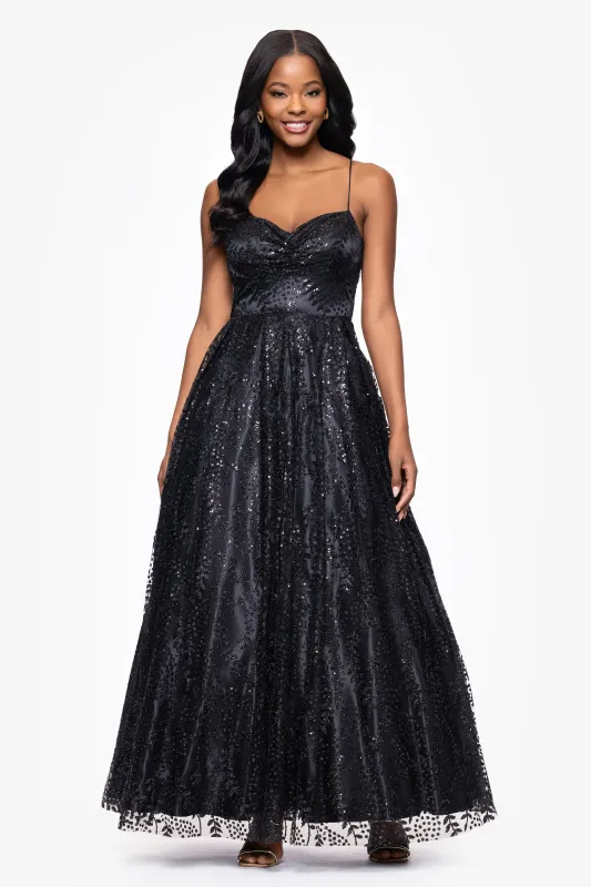 Blondie Nites "Stella" Glitter Pinch Tie Back Ballgown sold by Betsy & Adam