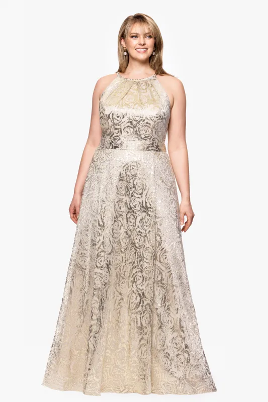 Plus "Luanne" Metallic Foil Halter Neck Floor Length Dress sold by Betsy & Adam