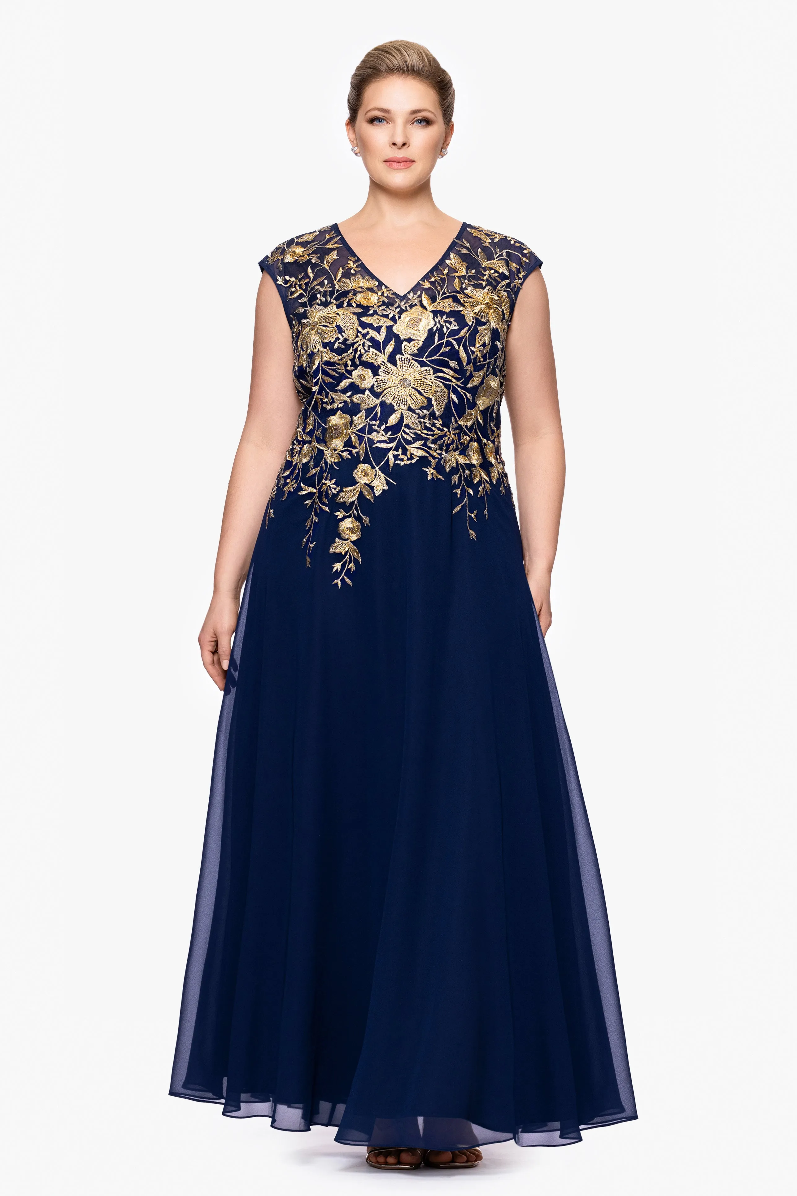 Plus "Maeve" Chiffon Embroidered Bodice Floor Length Dress sold by Betsy & Adam