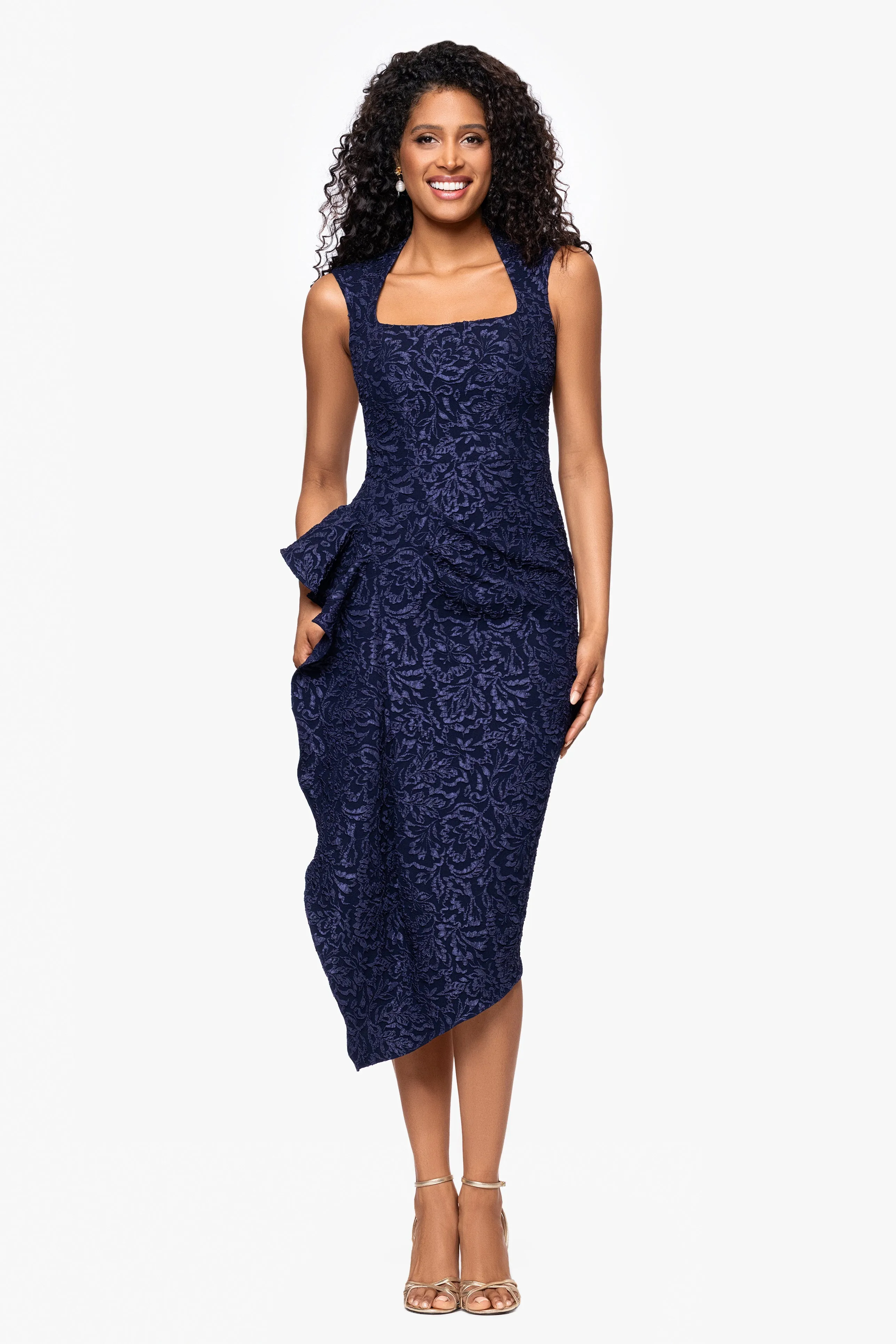"Elise" Jacquard Knee Length Ruffle Square Neck Dress sold by Betsy & Adam