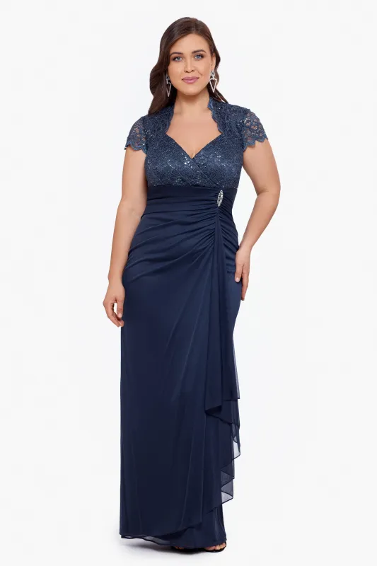 Plus "Kim" Sheer Matte Jersey Lace Cap Sleeve Dress sold by Betsy & Adam