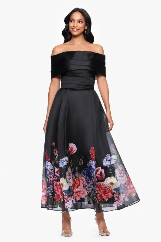 "Tabitha" Organza Print Off the Shoulder Midi Dress sold by Betsy & Adam