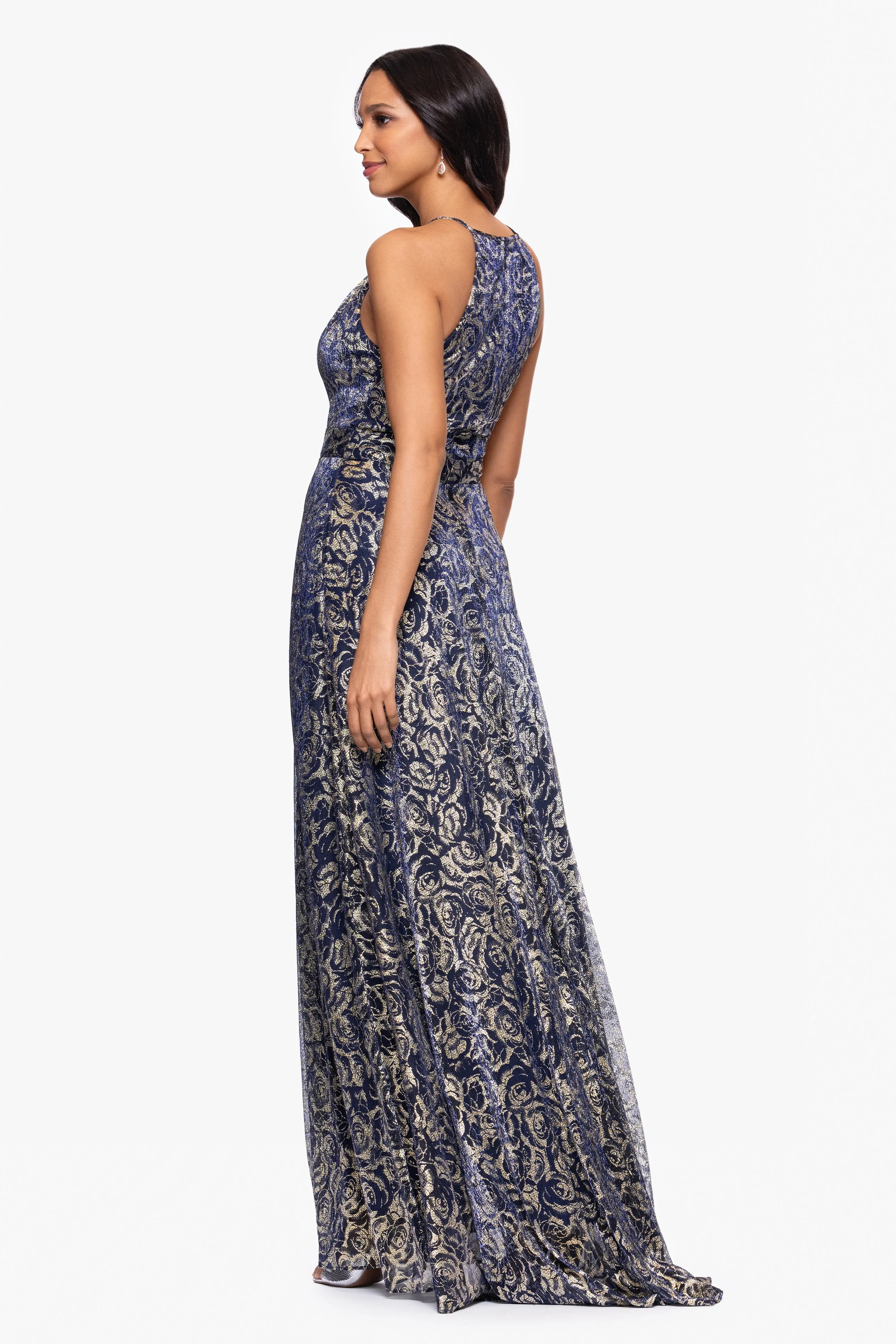 "Shelley" Metallic Foil Halter Neck Floor Length Dress sold by Betsy & Adam product image thumbnail 3
