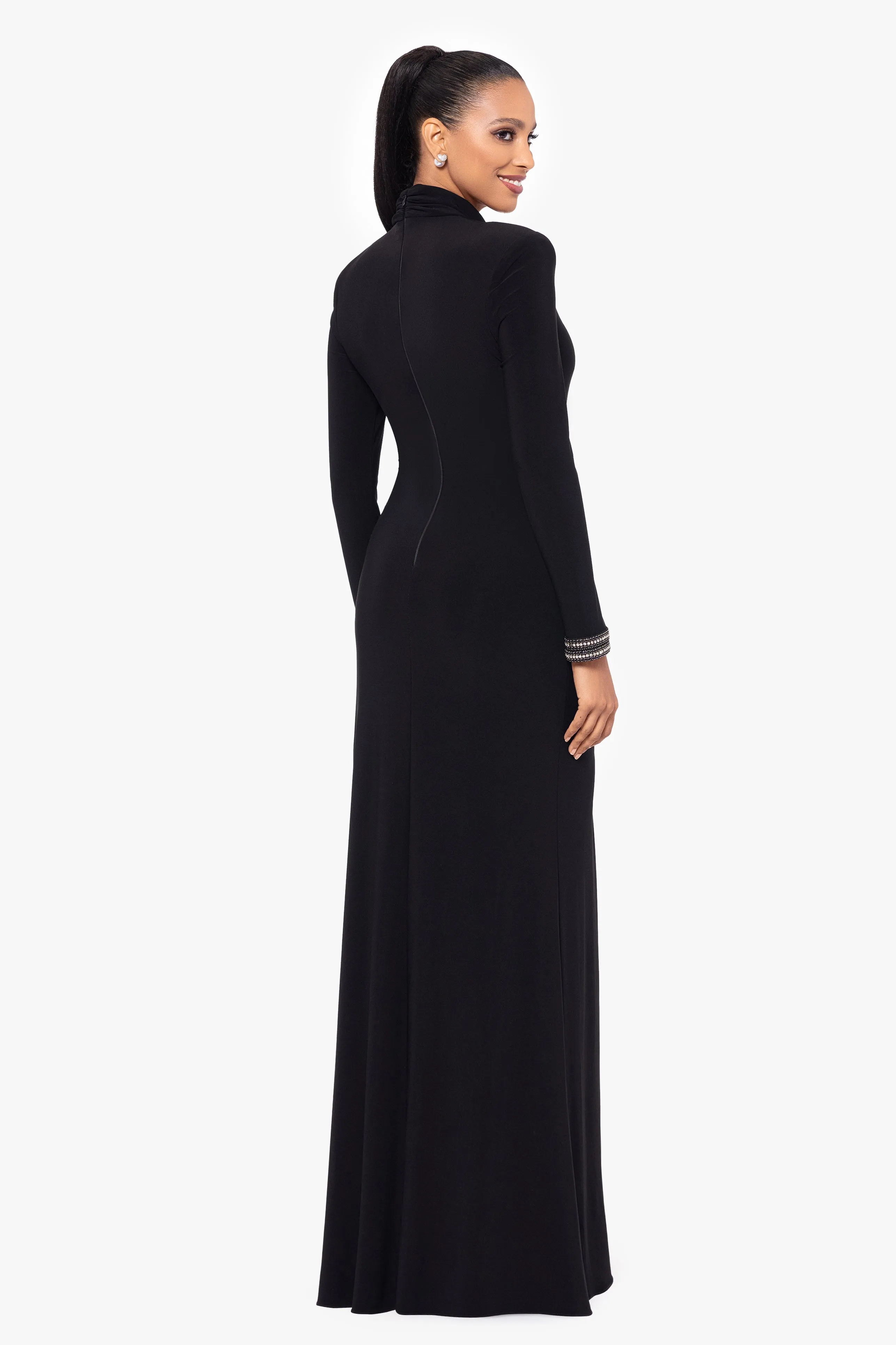 Petite "Roxie" Long Jersey Knit Mock Neck Embellished Wrist Floor Length Dress sold by Betsy & Adam product image thumbnail 3