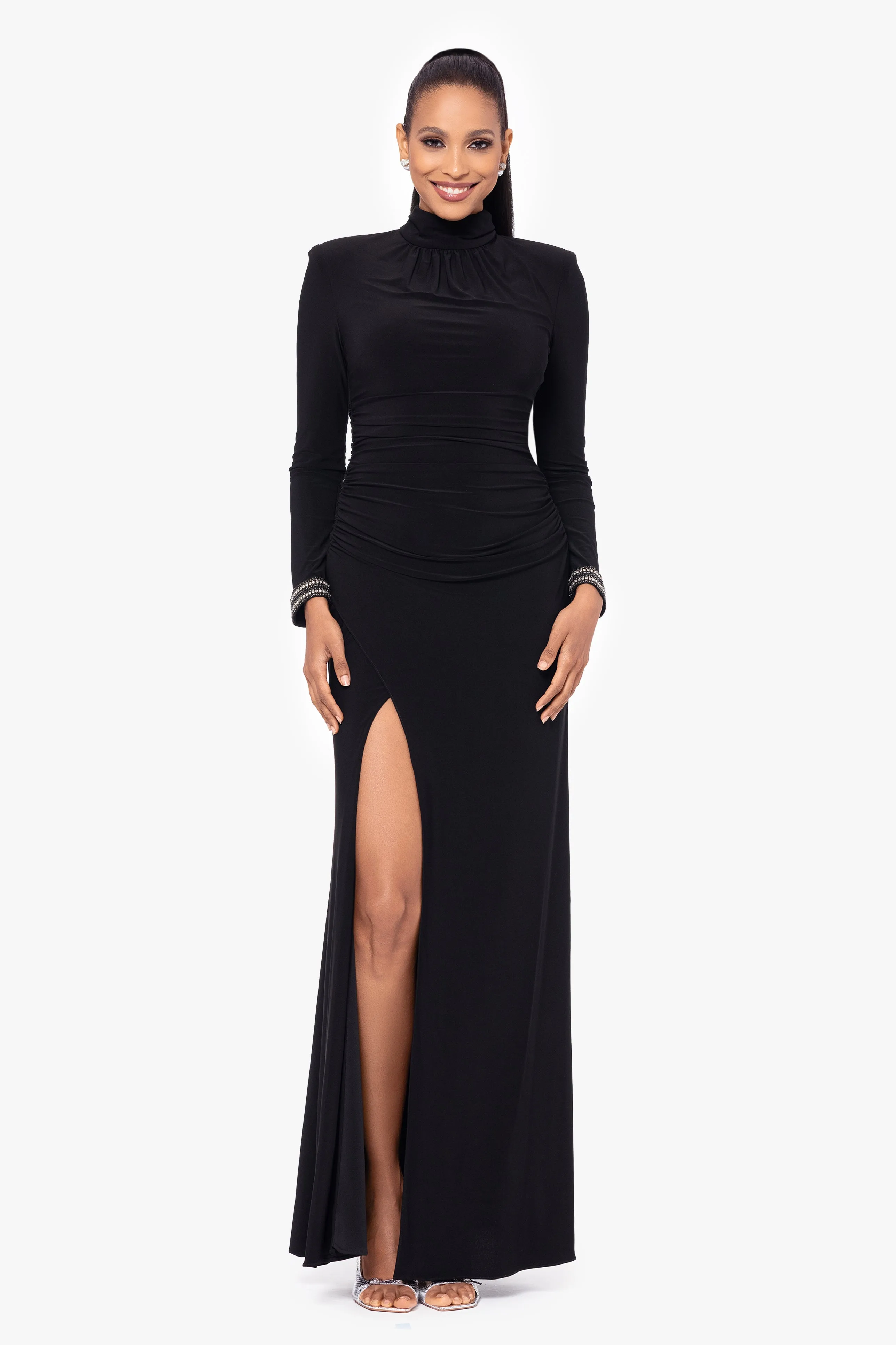 Petite "Roxie" Long Jersey Knit Mock Neck Embellished Wrist Floor Length Dress sold by Betsy & Adam
