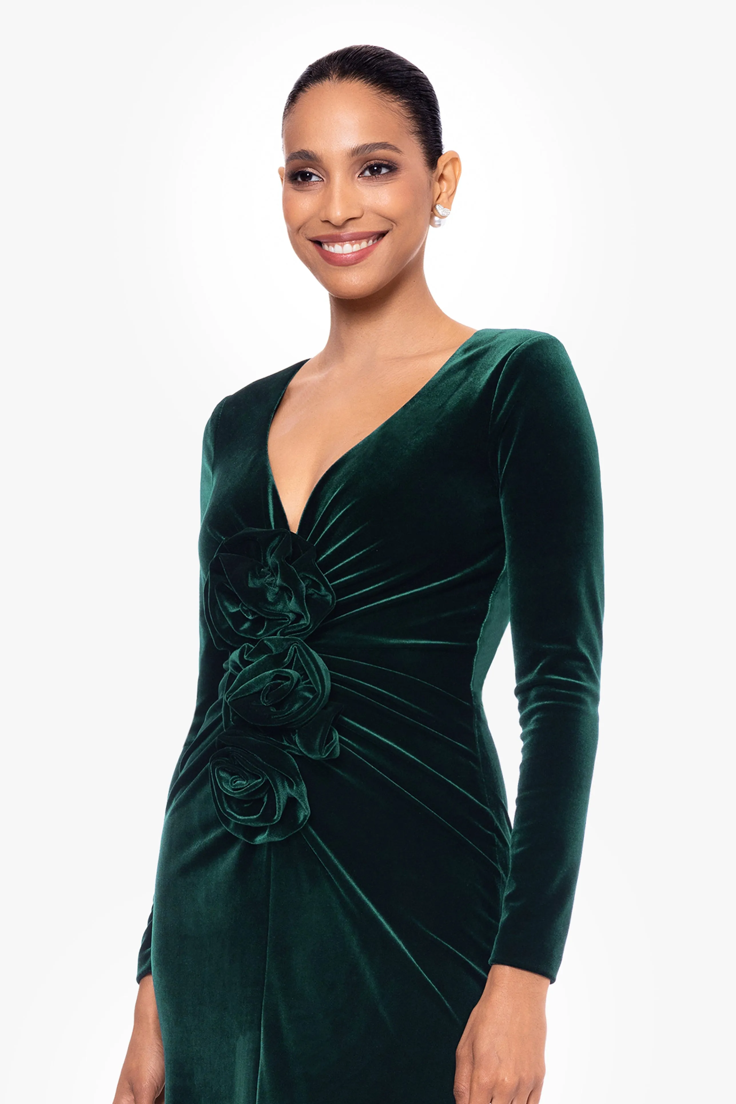 "Blaire" Long Velvet V-Neck Flower Waist Dress sold by Betsy & Adam product image thumbnail 4