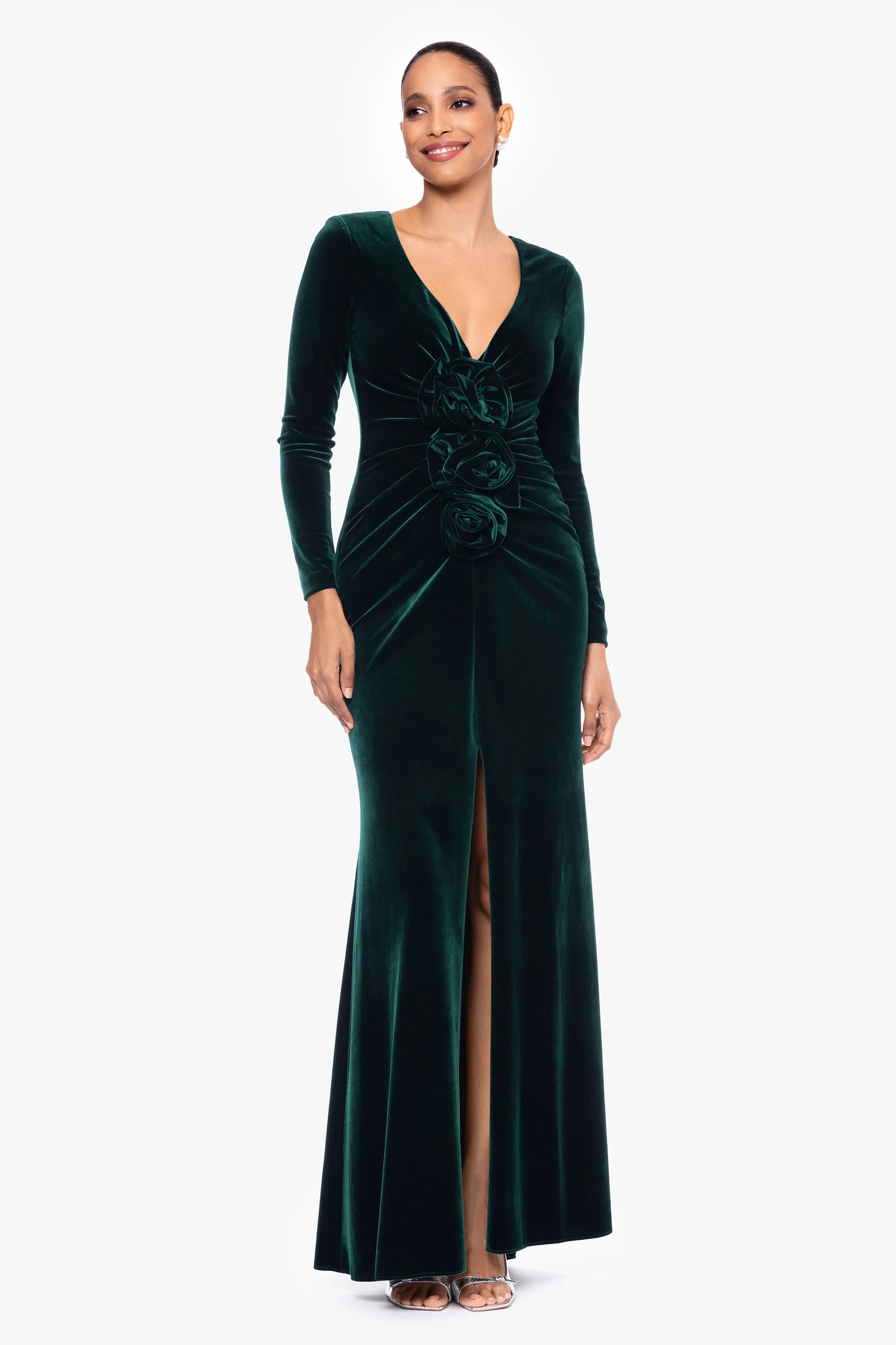 "Blaire" Long Velvet V-Neck Flower Waist Dress sold by Betsy & Adam