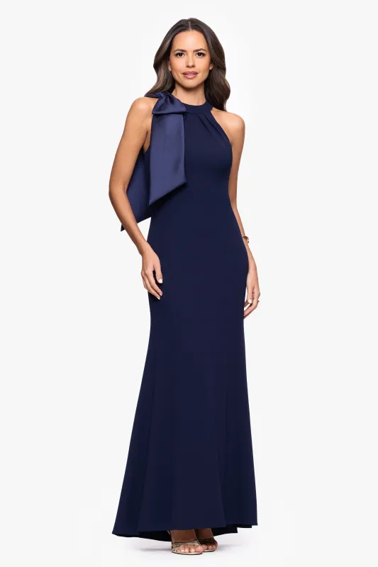 "Laney" Long Scuba Crepe Dress With Satin Bow sold by Betsy & Adam