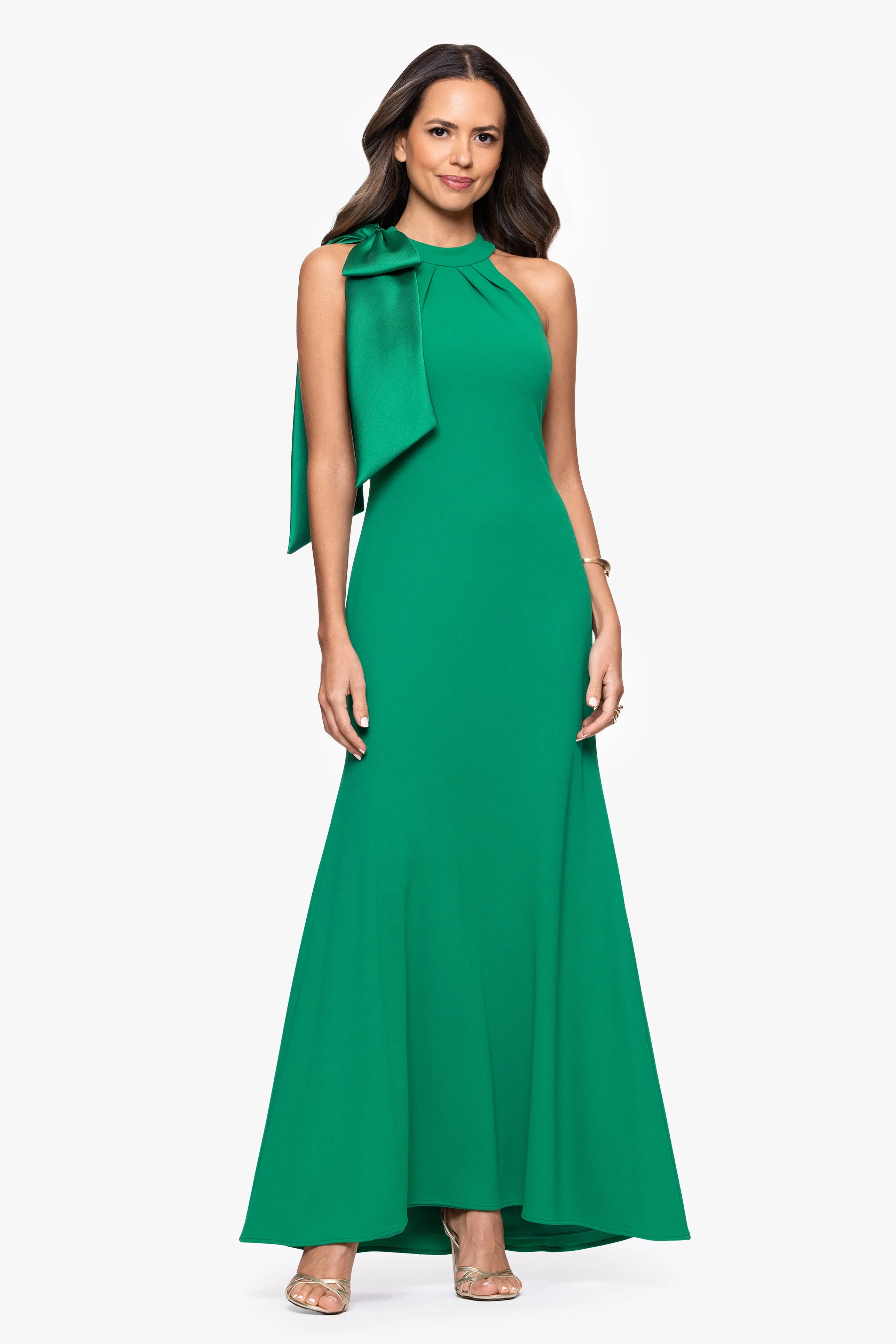 "Laney" Long Scuba Crepe Dress With Satin Bow sold by Betsy & Adam