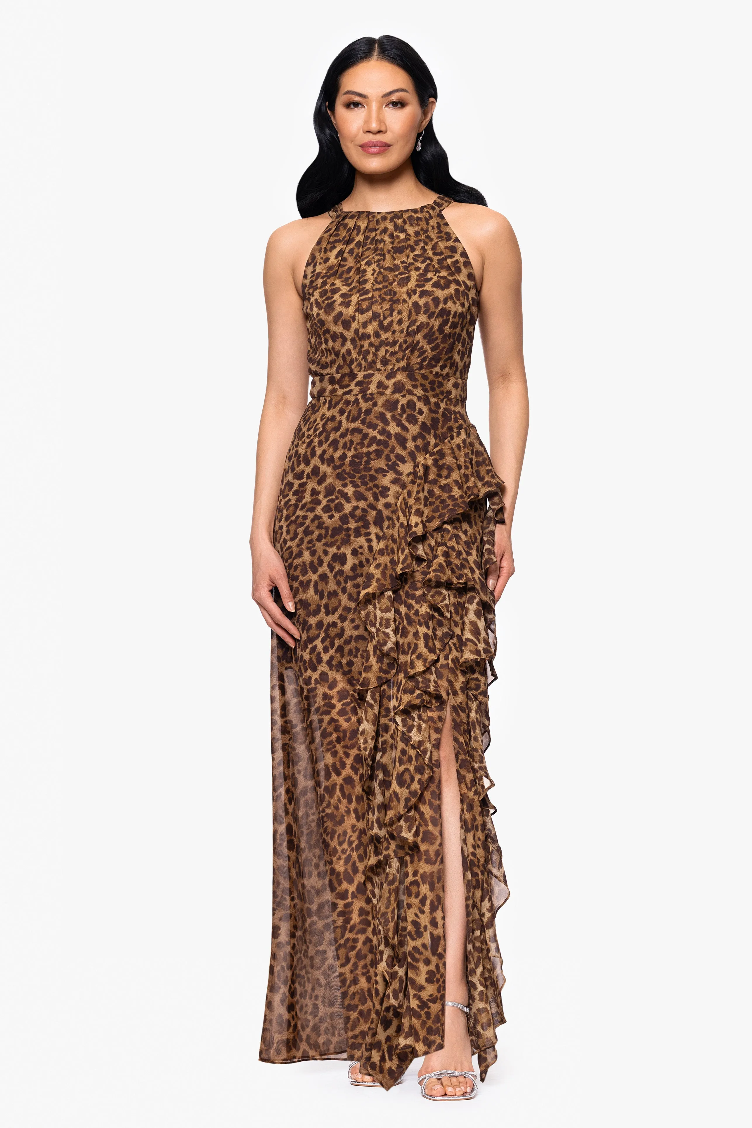 "Andie" Print Chiffon Halter Neck Ruffle Floor Length Dress sold by Betsy & Adam